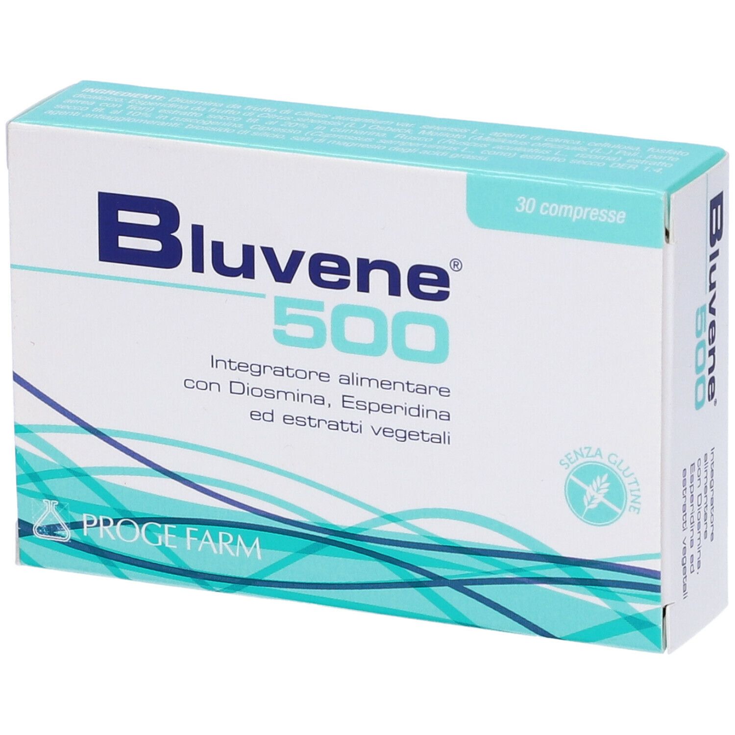 Confezione Bluvene 500, 30 compresse. Scatola bianca con testo blu e informazioni. Sigillo senza glutine.