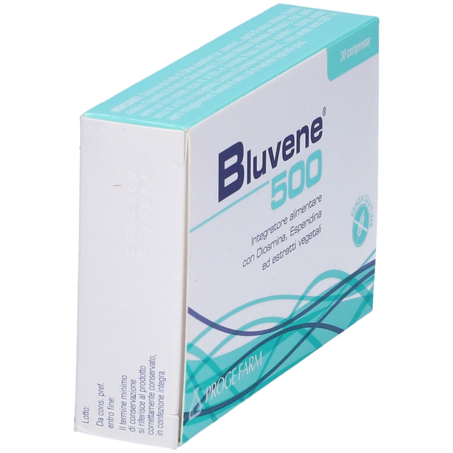 Confezione Bluvene 500, 30 compresse. Scatola bianca con testo blu e informazioni. Sigillo senza glutine.