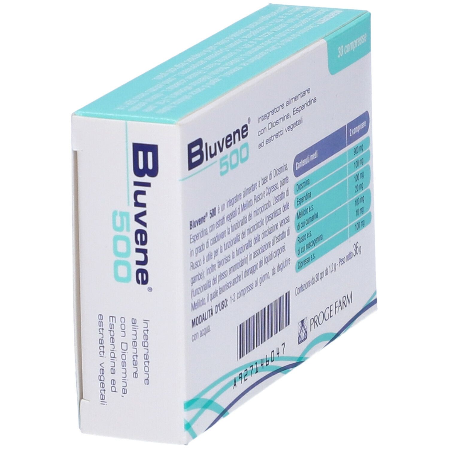 Confezione Bluvene 500, 30 compresse. Scatola bianca con informazioni e ingredienti. Vista dettagliata.