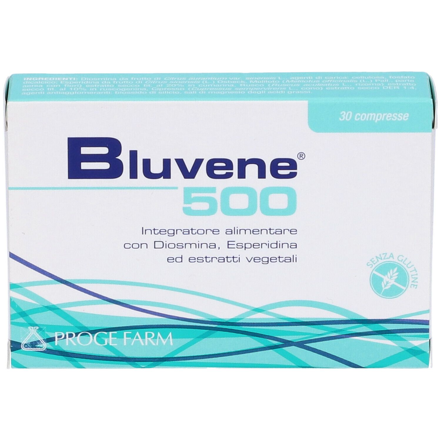 Confezione Bluvene 500, 30 compresse. Scatola bianca con testo blu e informazioni. Sigillo senza glutine.