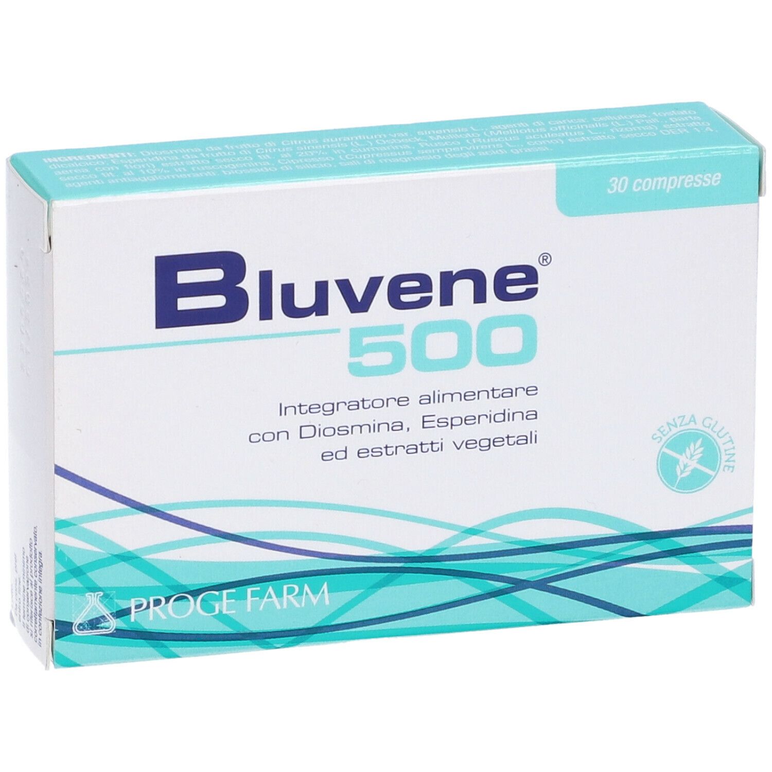 Confezione Bluvene 500, 30 compresse. Scatola bianca con testo blu e informazioni. Sigillo senza glutine.