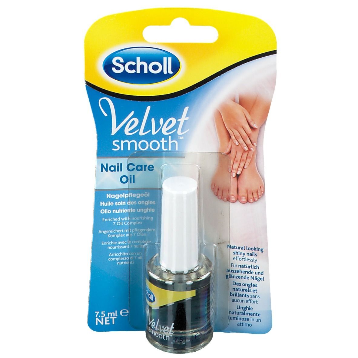 Scholl Velvet Smooth Nagelpflegeöl. Flasche mit Öl und Verpackung. Produktname und Logo sichtbar.