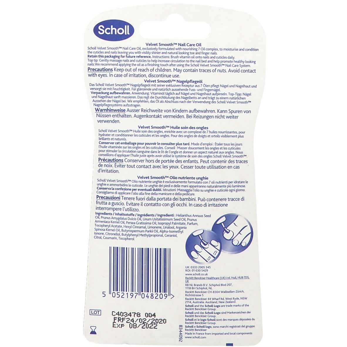 Rückseite der Scholl Velvet Smooth Nagelpflegeöl Verpackung. Text und Produktinformationen.