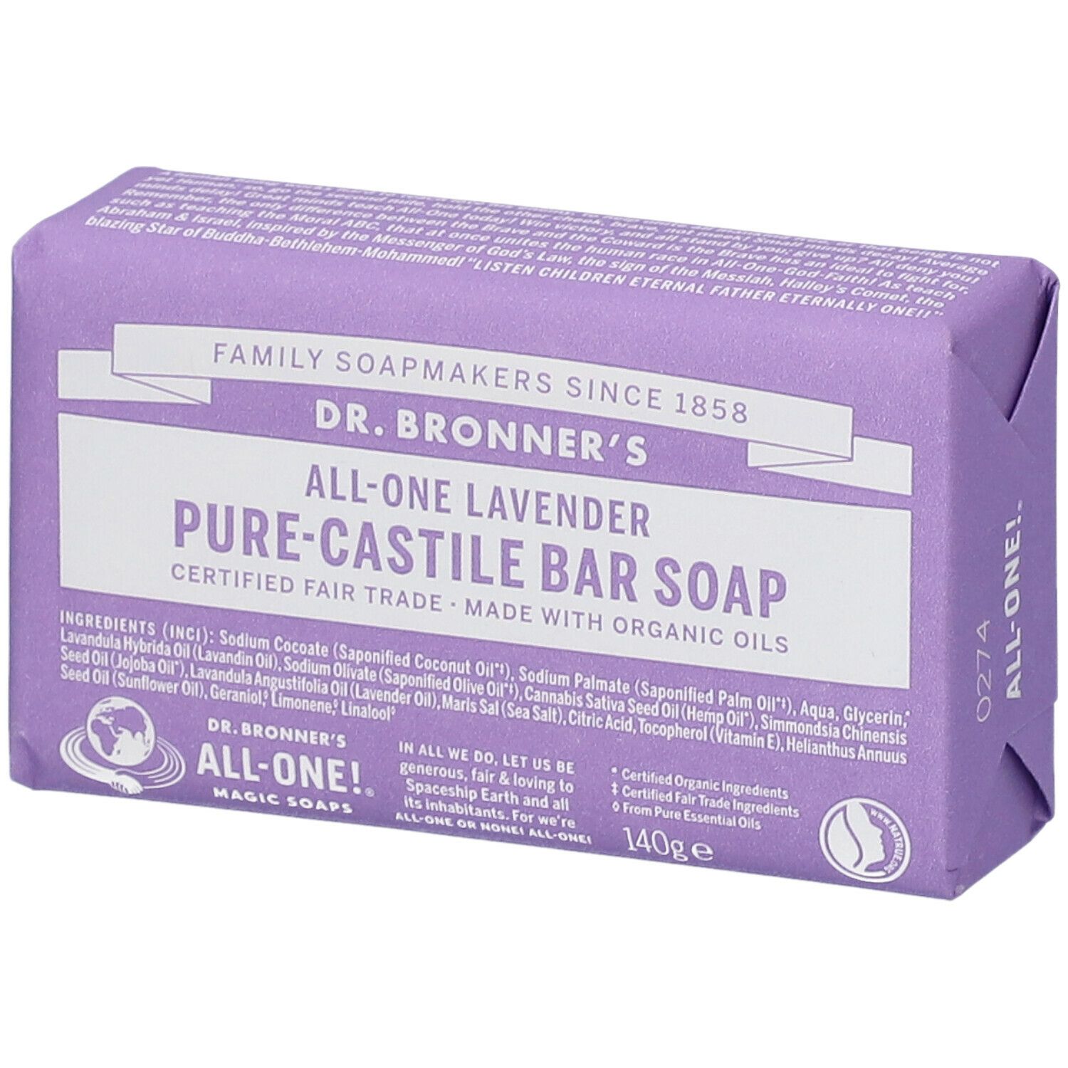 Sapone viola Dr. Bronner's "All-One Lavender". Confezione con ingredienti e certificazioni. 140g. Sapone solido.
