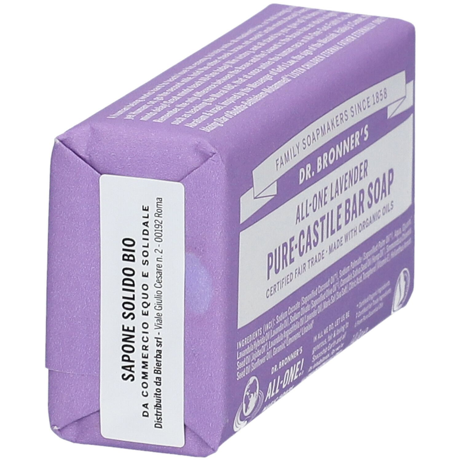Sapone Dr. Bronner's, "All-One Lavender". Confezione con testo e certificazioni. Vista dall'alto. Confezione viola.