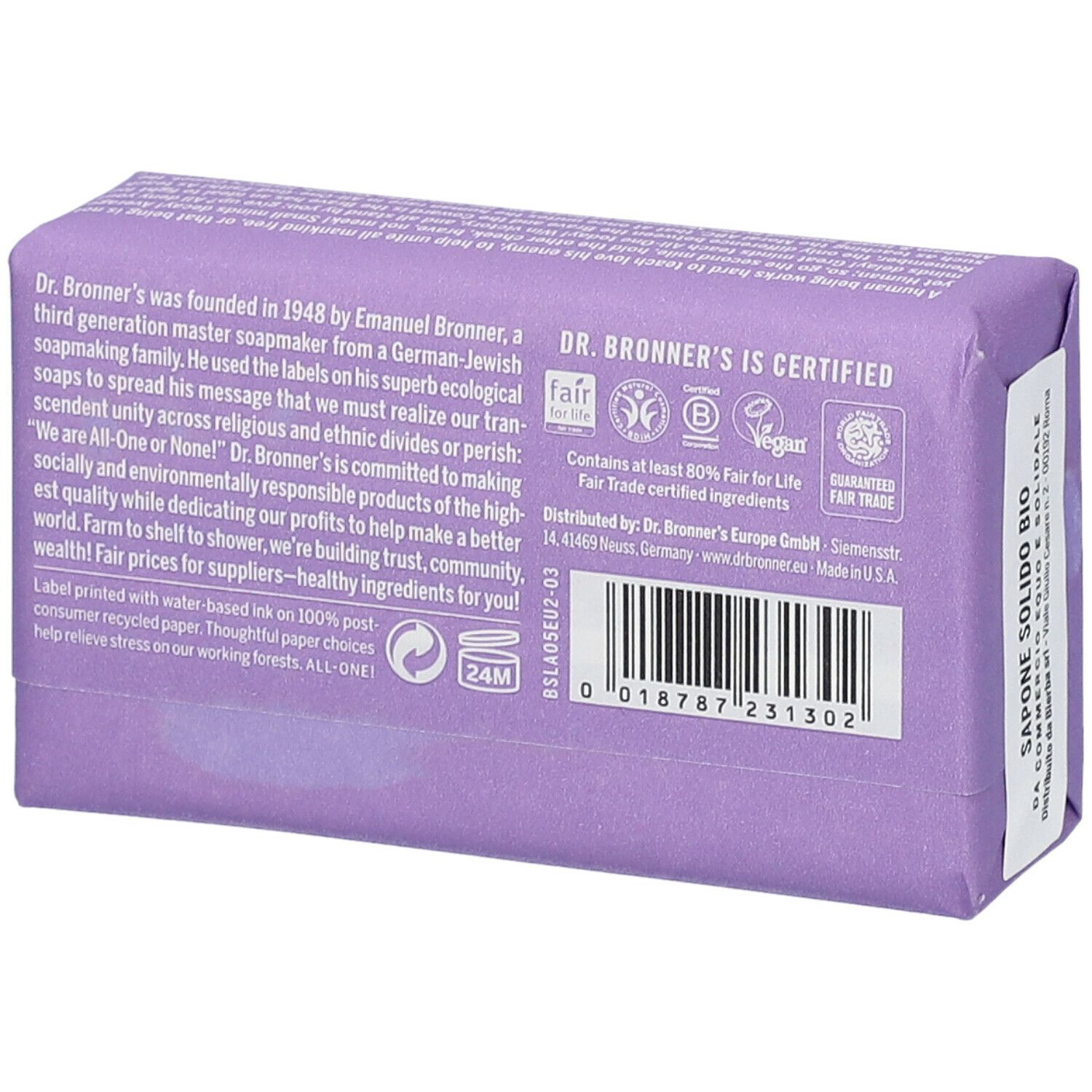 Sapone Dr. Bronner's, "All-One Lavender". Confezione con testo e certificazioni. Vista dall'alto. Confezione viola.