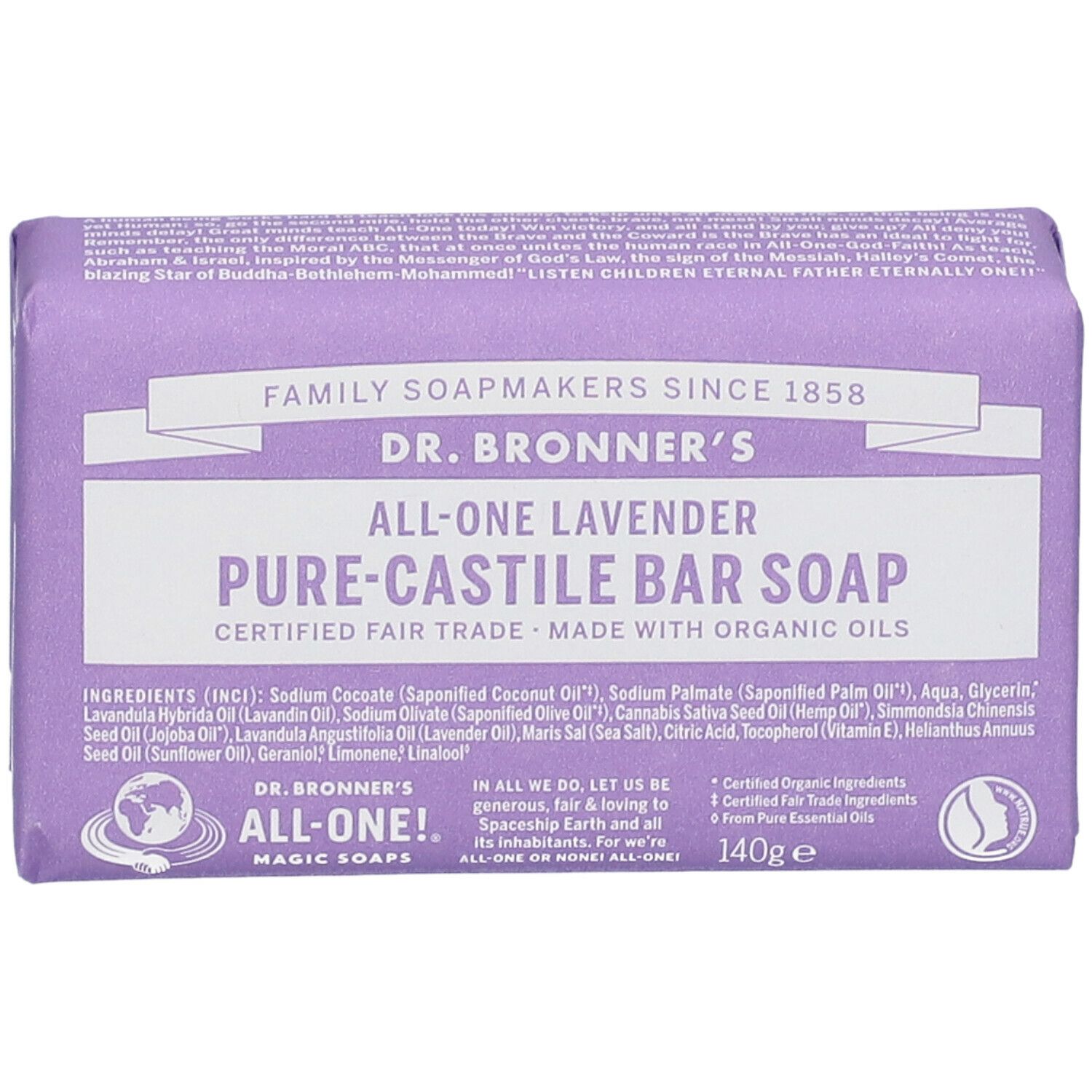 Sapone viola Dr. Bronner's "All-One Lavender". Confezione con ingredienti e certificazioni. 140g. Sapone solido.