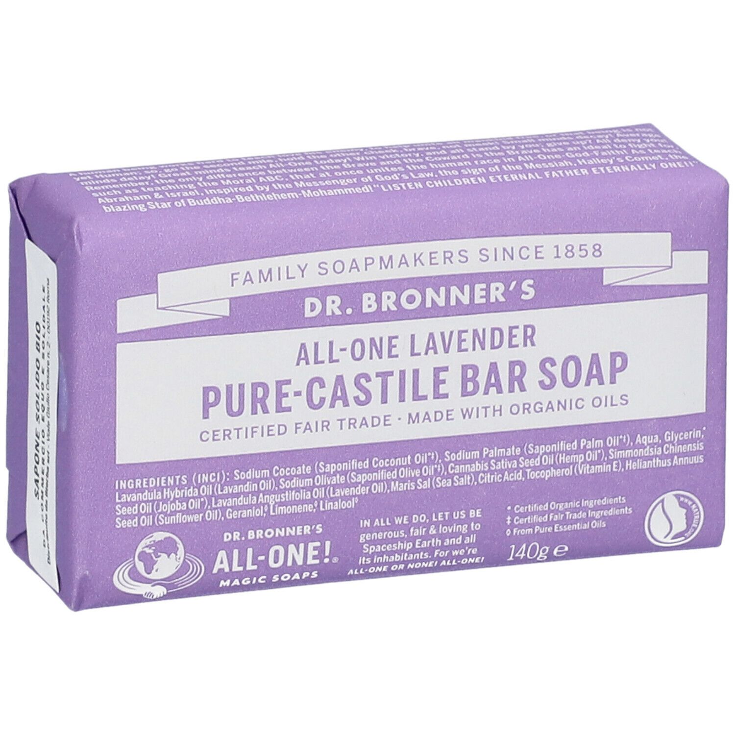 Sapone viola Dr. Bronner's "All-One Lavender". Confezione con ingredienti e certificazioni. 140g. Sapone solido.