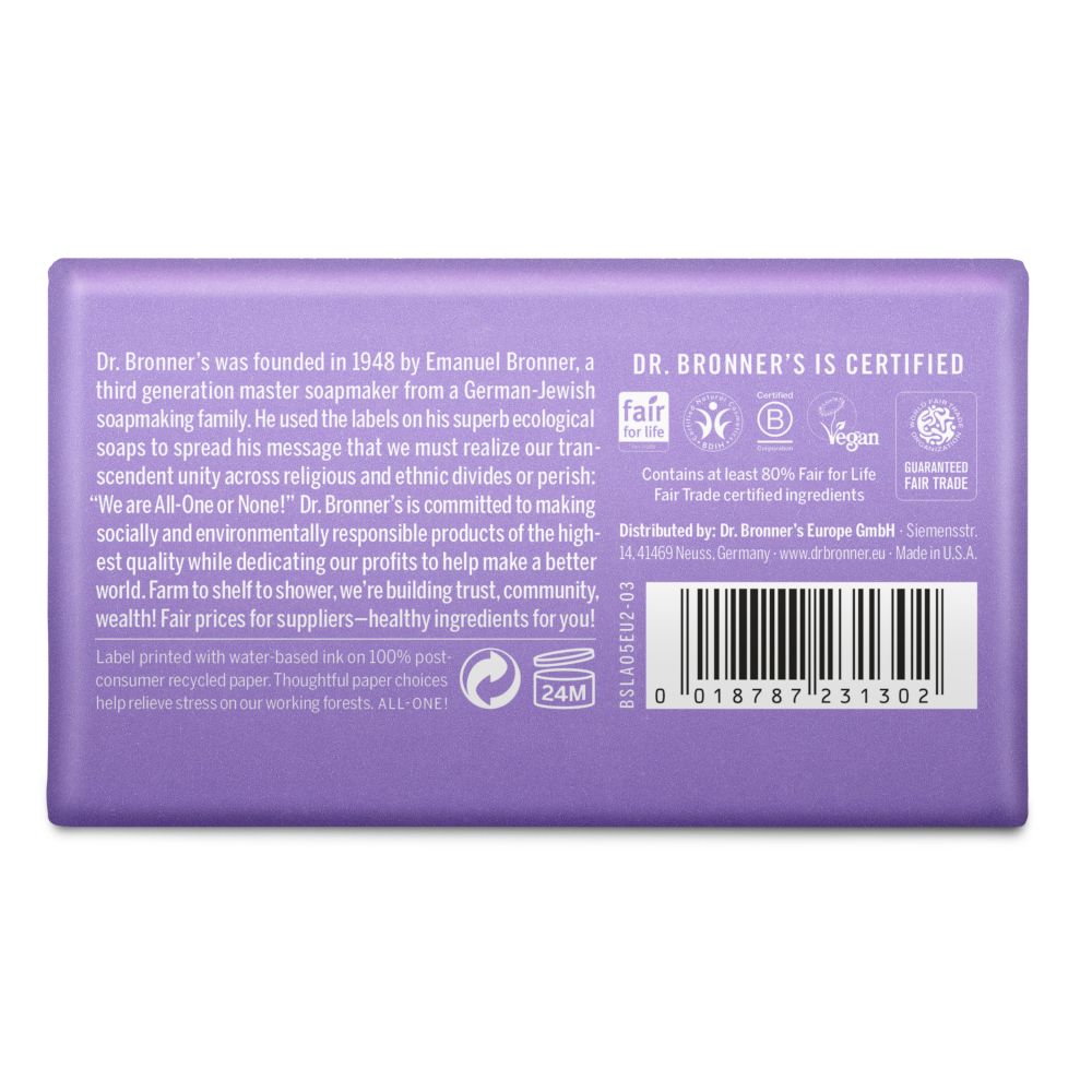 Retro del sapone Dr. Bronner's. Testo sul marchio e certificazioni. Codice a barre e simbolo 24M. Confezione viola.