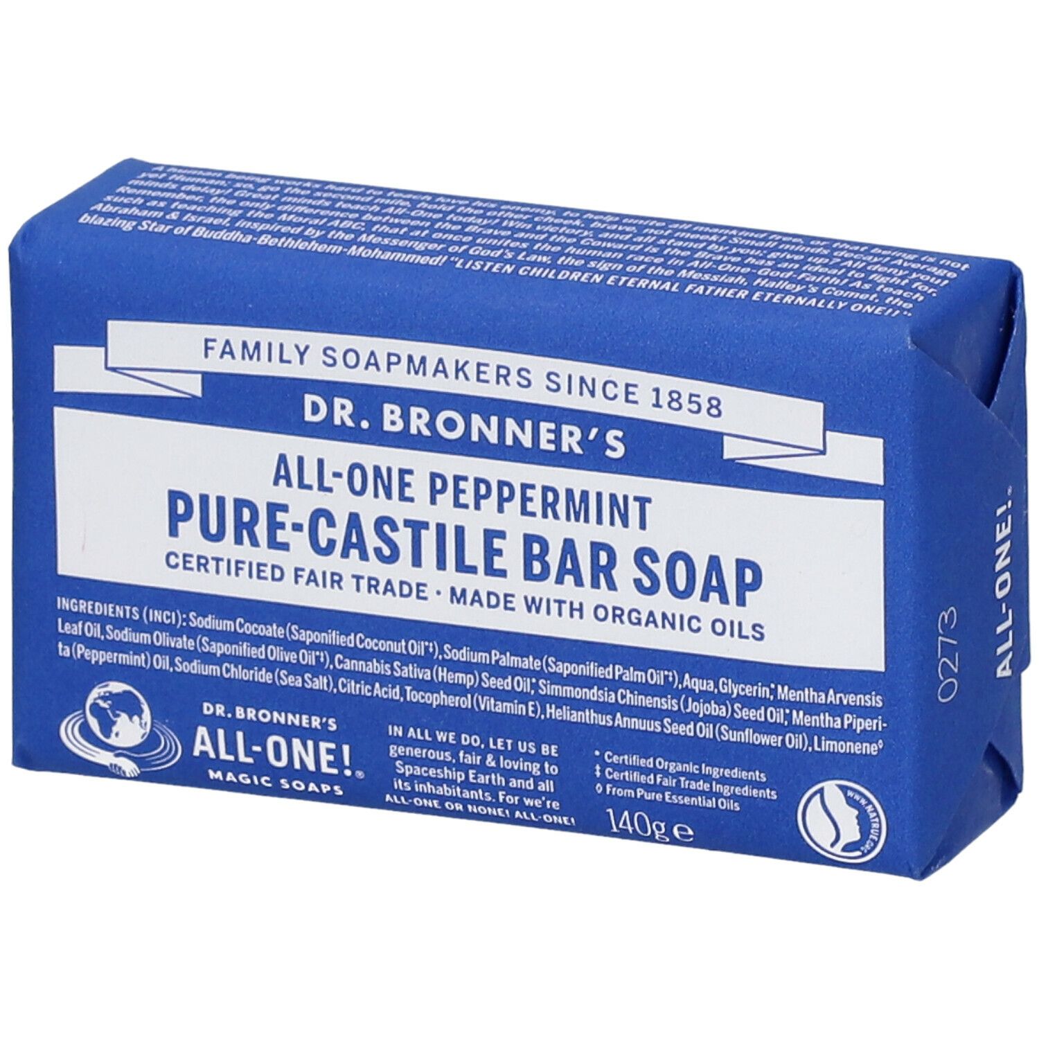 Panetto di sapone blu. Scritta: Dr. Bronner's, All-One Peppermint Pure-Castile Bar Soap. Con certificazione bio.