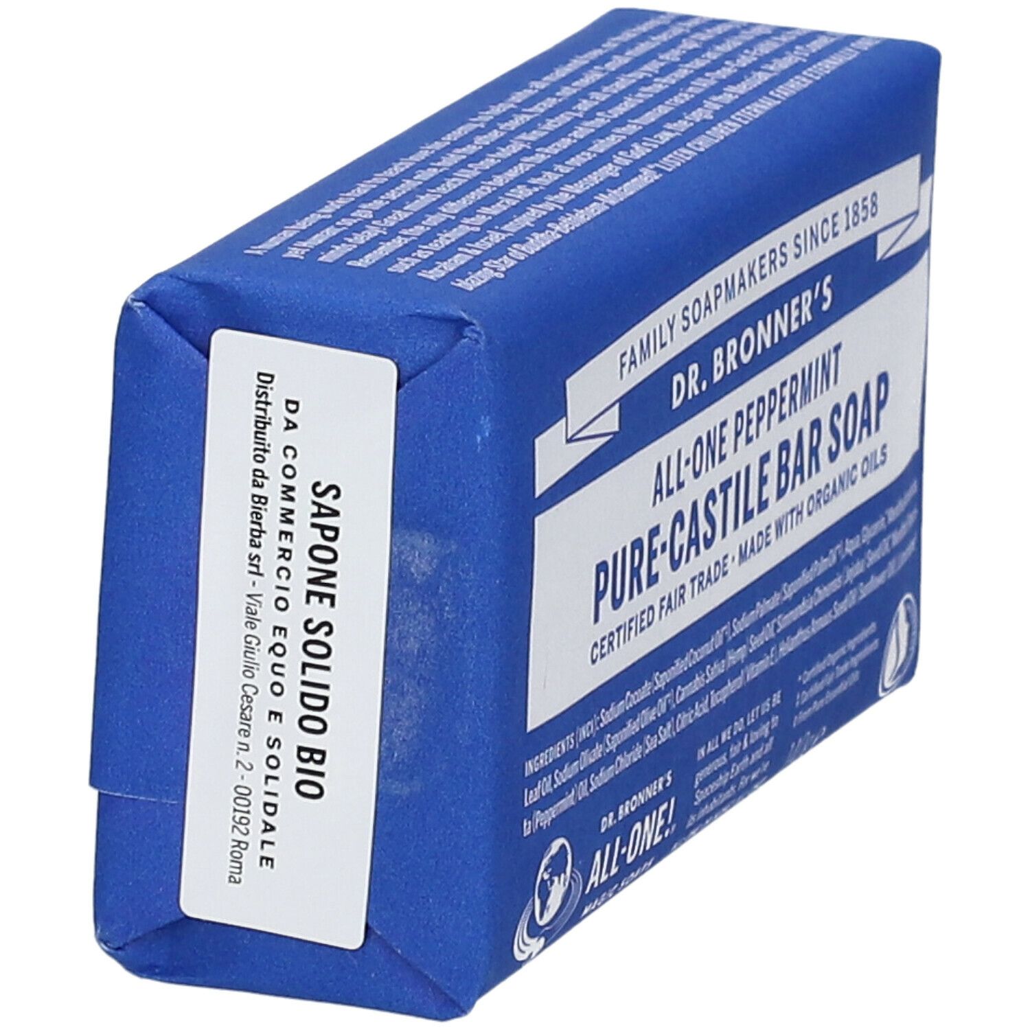 Sapone in confezione blu. Scritta: Dr. Bronner's, All-One Peppermint Pure-Castile Bar Soap. Con certificazione bio.