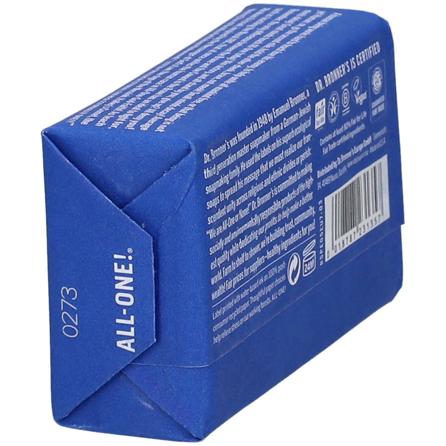 Sapone in confezione blu. Scritta: Dr. Bronner's, All-One Peppermint Pure-Castile Bar Soap. Con certificazione bio.