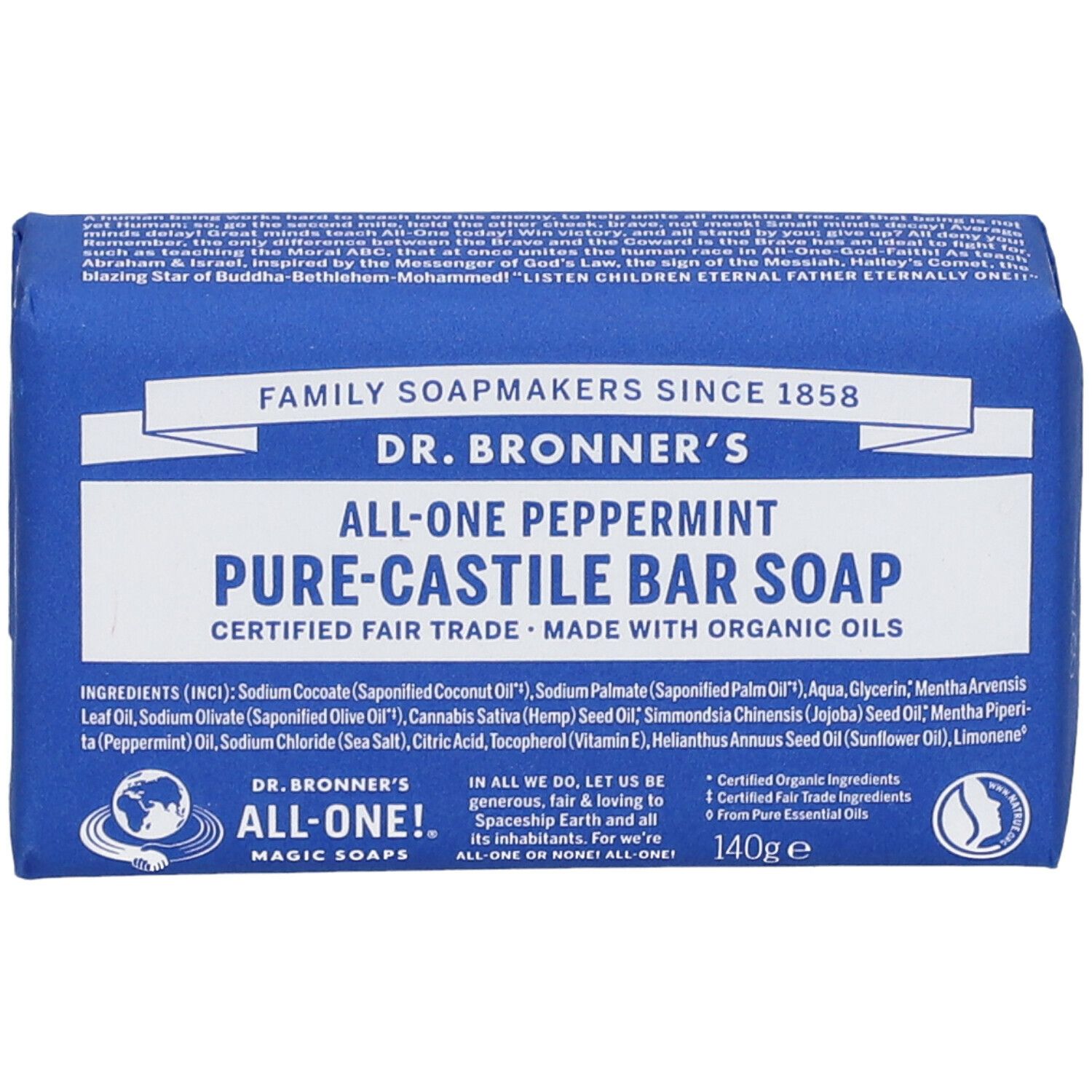 Panetto di sapone blu. Scritta: Dr. Bronner's, All-One Peppermint Pure-Castile Bar Soap. Con certificazione bio.