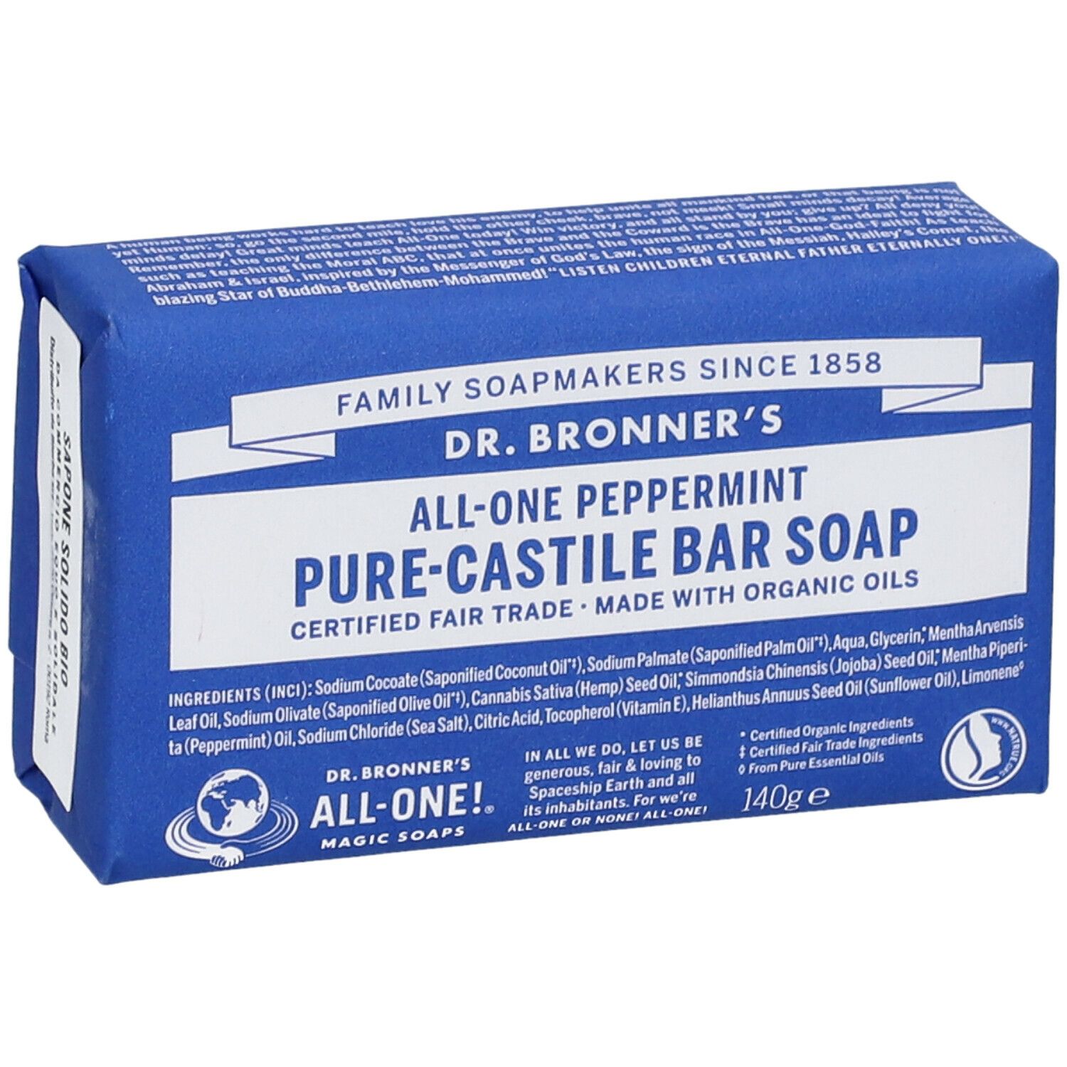 Panetto di sapone blu. Scritta: Dr. Bronner's, All-One Peppermint Pure-Castile Bar Soap. Con certificazione bio.