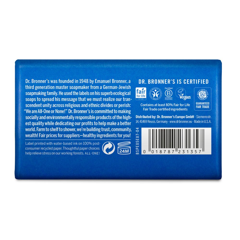Retro del sapone. Scritta: Dr. Bronner's, Fair for Life, Vegan, Guaranteed Fair Trade. Con codice a barre.