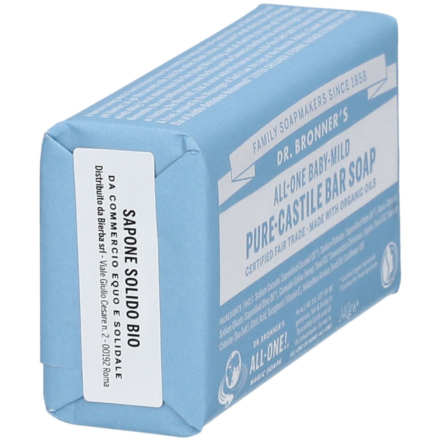 Sapone in confezione blu. Scritta: Sapone Solido Bio. Etichetta con indirizzo. Confezione obliqua.