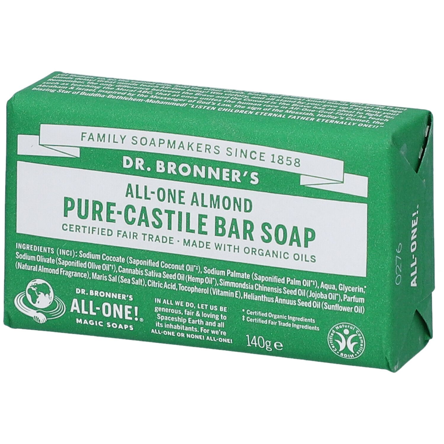 Sapone verde con testo bianco. Scritta: Dr. Bronner's All-One Almond Pure-Castile Bar Soap. Con oli biologici.