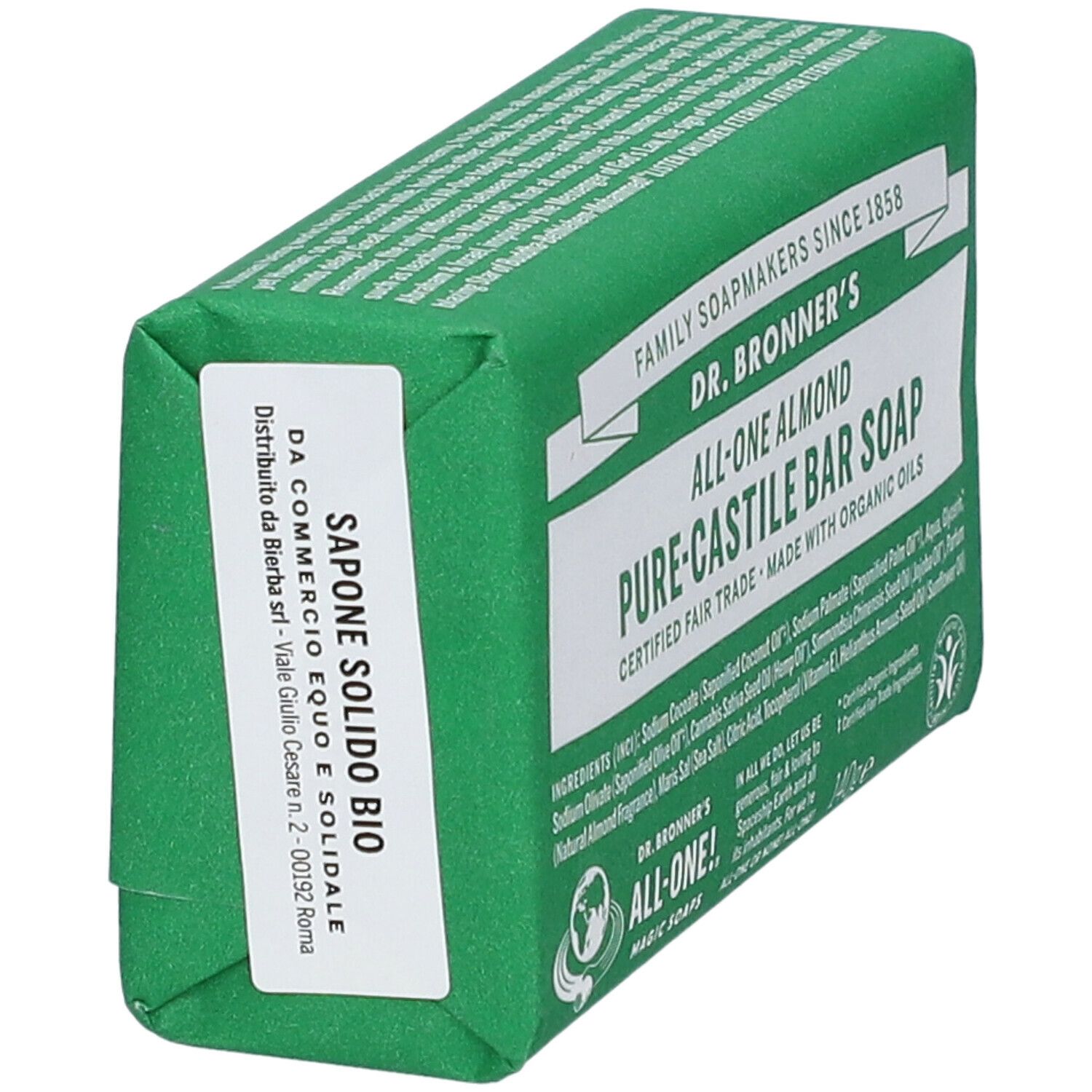 Sapone verde con testo bianco. Scritta: Sapone Solido Bio. Dr. Bronner's All-One Almond Pure-Castile Bar Soap.