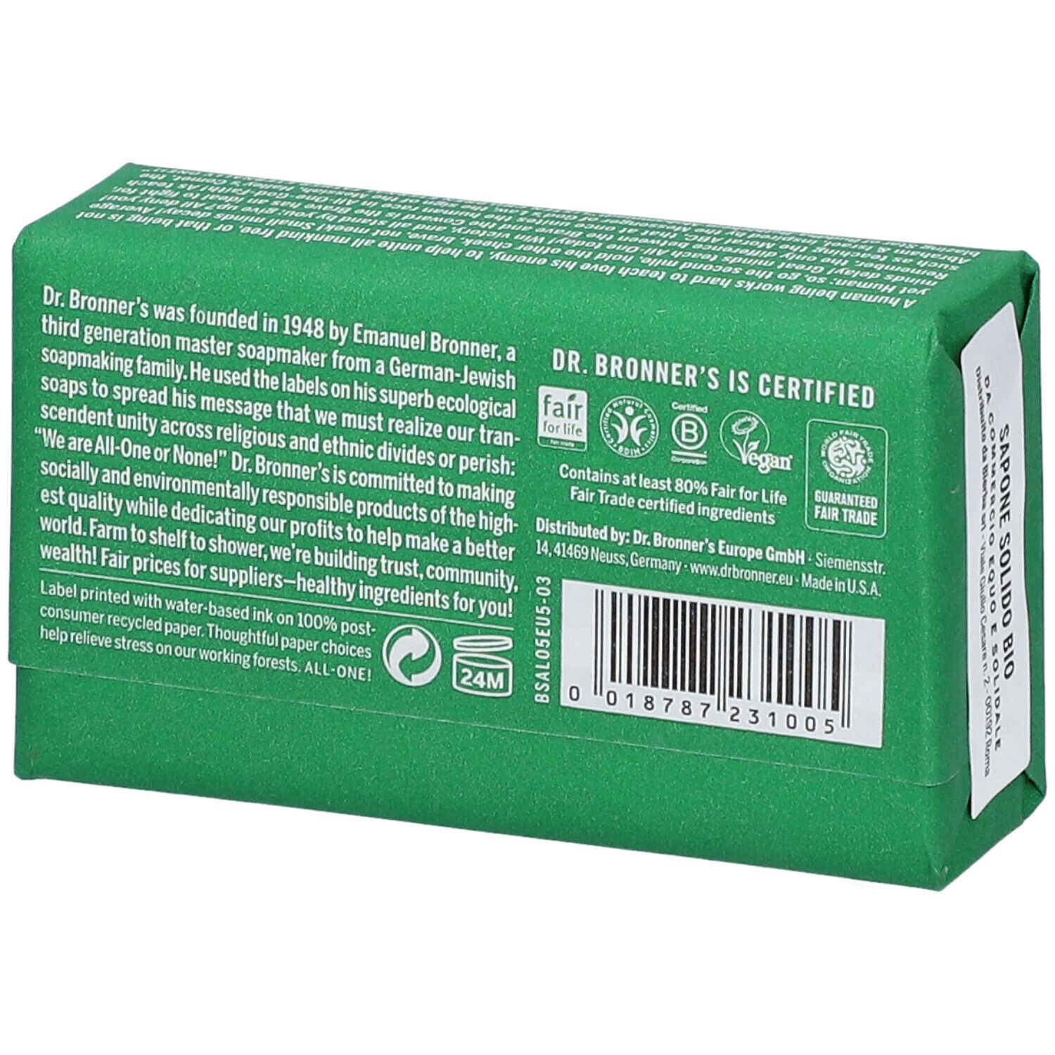 Retro del sapone verde. Testo: Dr. Bronner's è certificato. Contiene almeno l'80% di ingredienti Fair for Life Fair Trade.