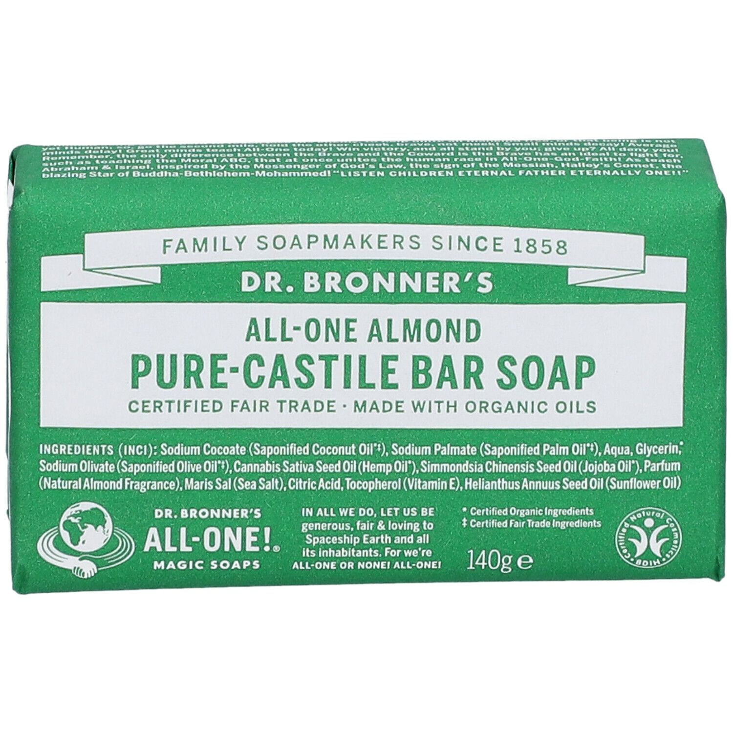 Sapone verde con testo bianco. Scritta: Dr. Bronner's All-One Almond Pure-Castile Bar Soap. Con oli biologici.