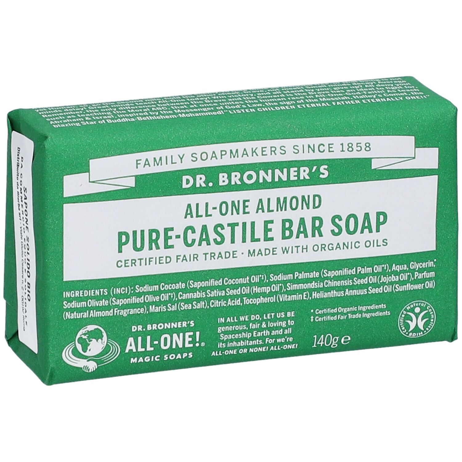 Sapone verde con testo bianco. Scritta: Dr. Bronner's All-One Almond Pure-Castile Bar Soap. Con oli biologici.