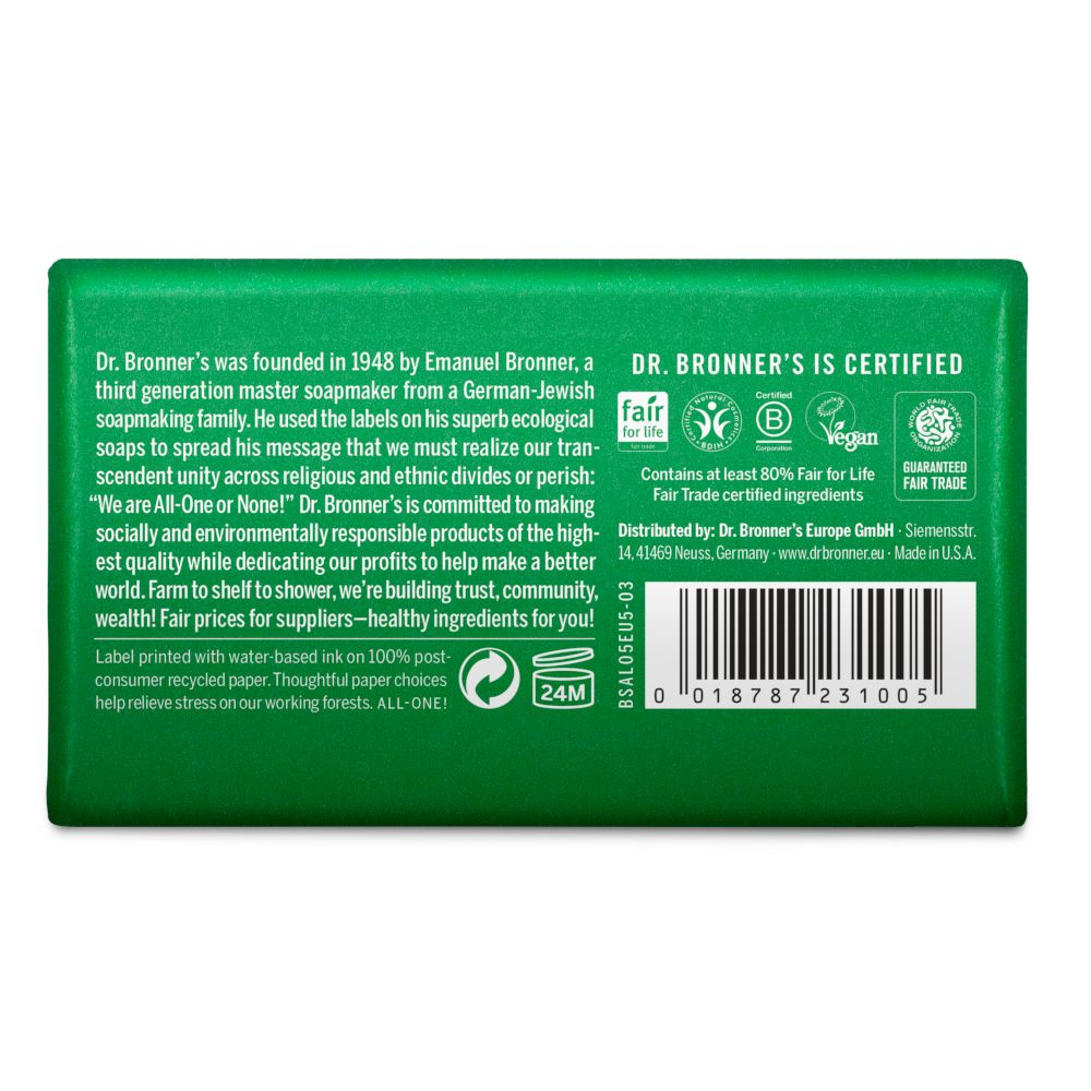 Retro del sapone verde. Testo: Dr. Bronner's è certificato. Contiene almeno l'80% di ingredienti Fair for Life Fair Trade. Vegano.