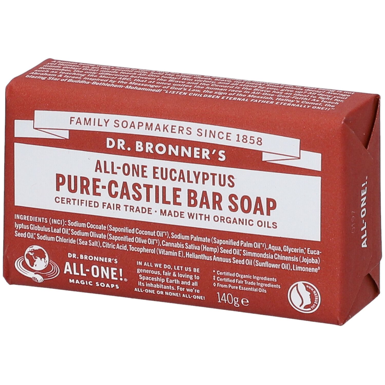 Sapone in barra in confezione rossa. Scritta: Dr. Bronner's, All-One Eucalyptus Pure-Castile Bar Soap. 140g.