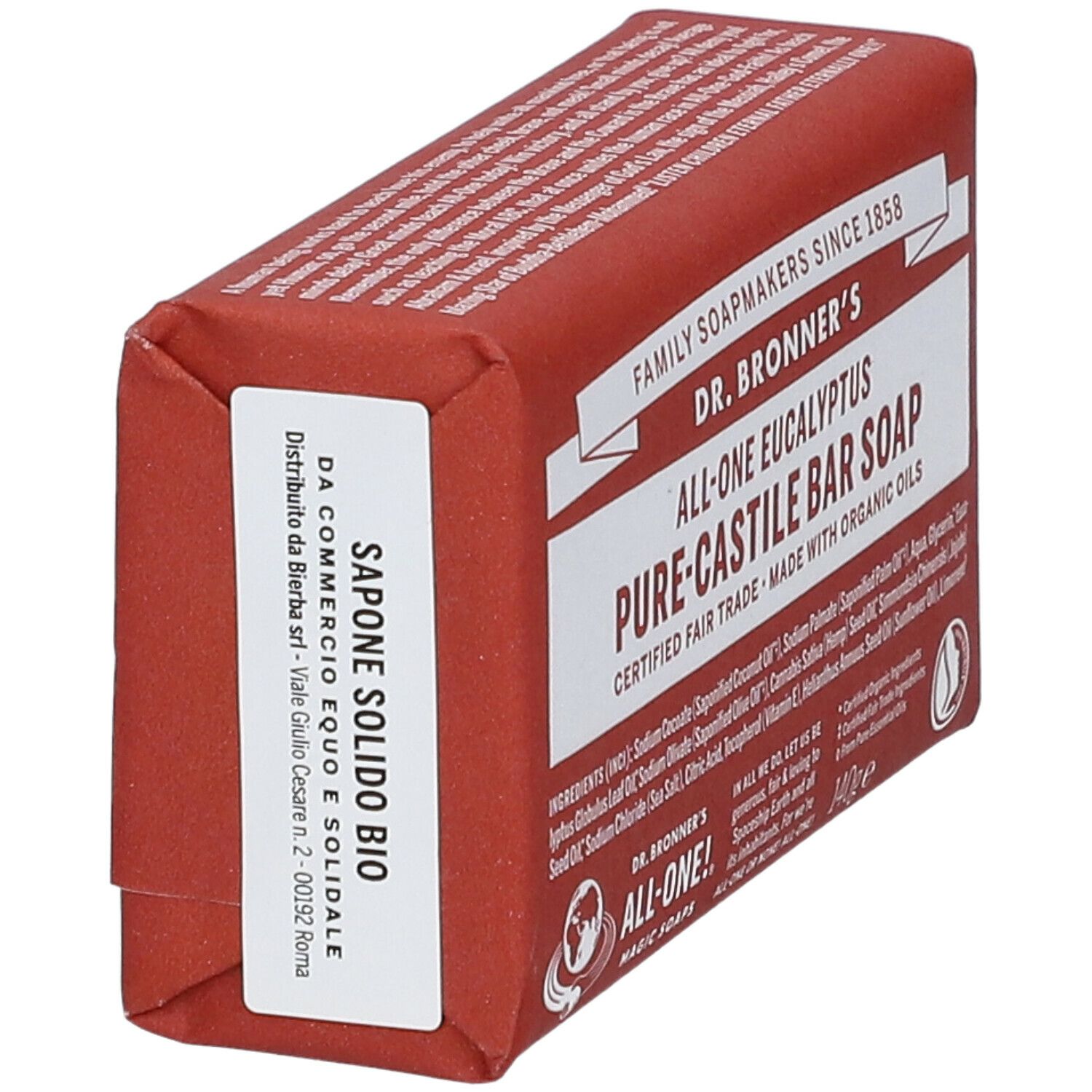 Sapone in barra in confezione rossa. Scritta: Sapone Solido Bio. Dr. Bronner's, All-One Eucalyptus Pure-Castile Bar Soap.