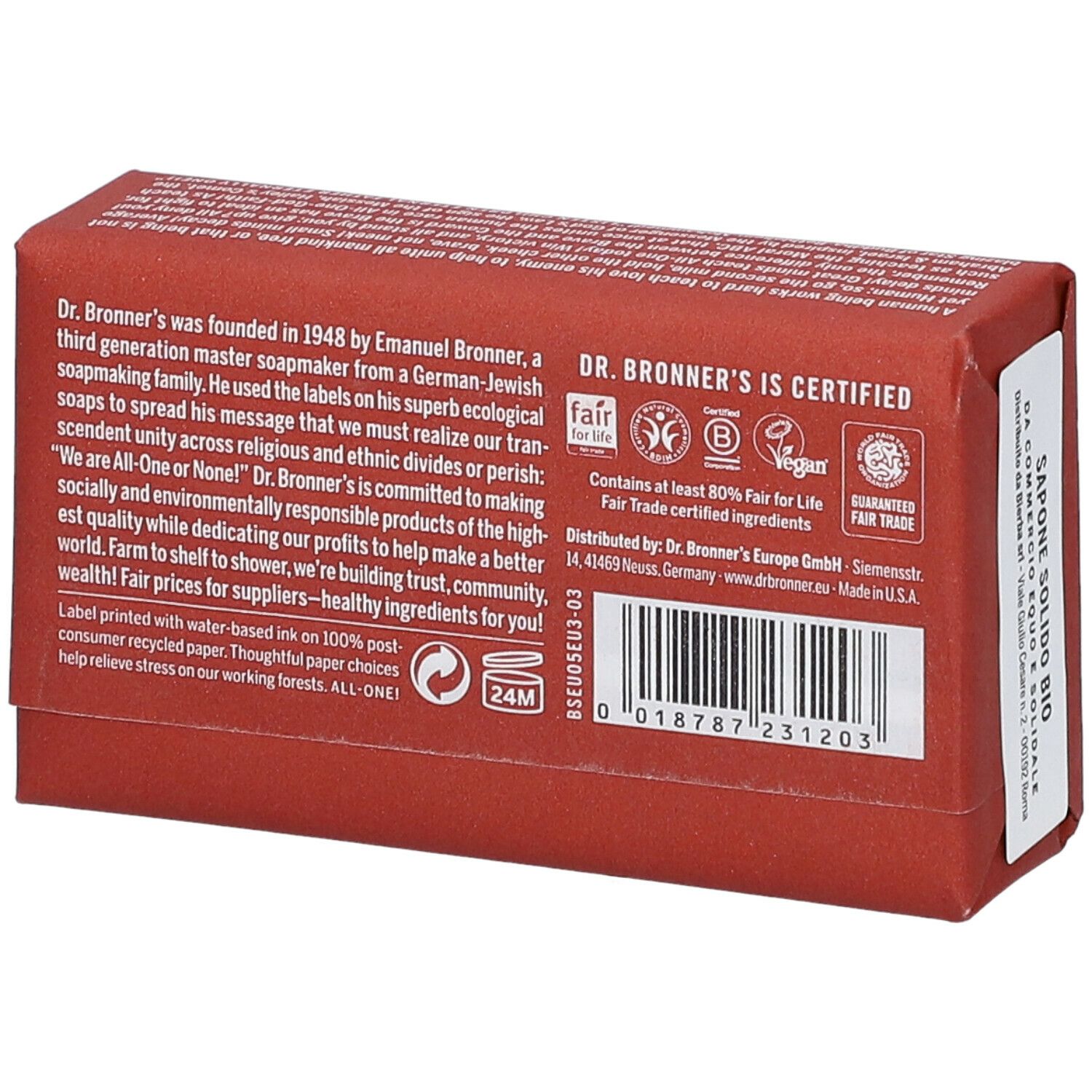 Retro della confezione del sapone. Testo: Dr. Bronner's è certificato. Codice a barre e loghi. Scritta: Sapone Solido Bio.
