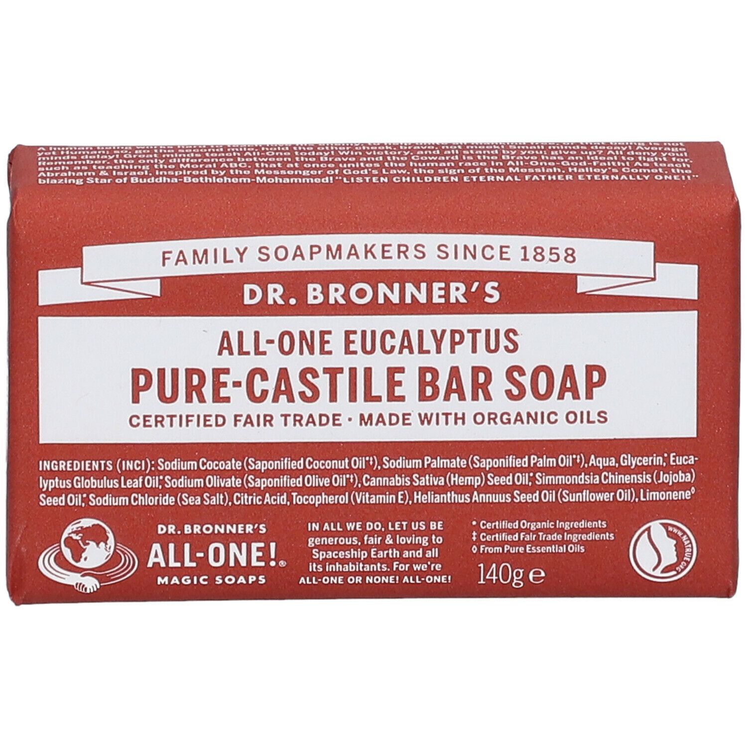 Sapone in barra in confezione rossa. Scritta: Dr. Bronner's, All-One Eucalyptus Pure-Castile Bar Soap. 140g.