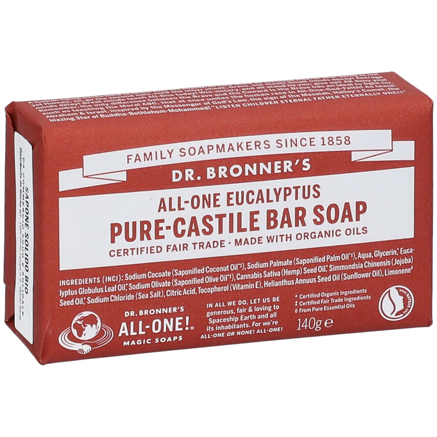 Sapone in barra in confezione rossa. Scritta: Dr. Bronner's, All-One Eucalyptus Pure-Castile Bar Soap. 140g.