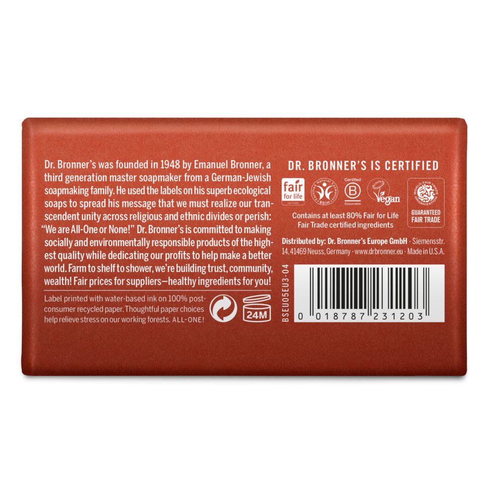 Retro della confezione del sapone. Testo: Dr. Bronner's è certificato. Contiene ingredienti Fair Trade. Codice a barre e loghi.