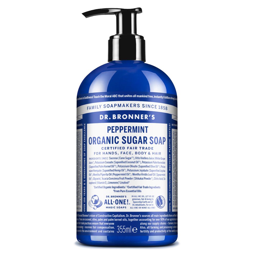 Flacone blu con dosatore. Scritta: Dr. Bronner's Peppermint Organic Sugar Soap. Per mani, viso, corpo e capelli.