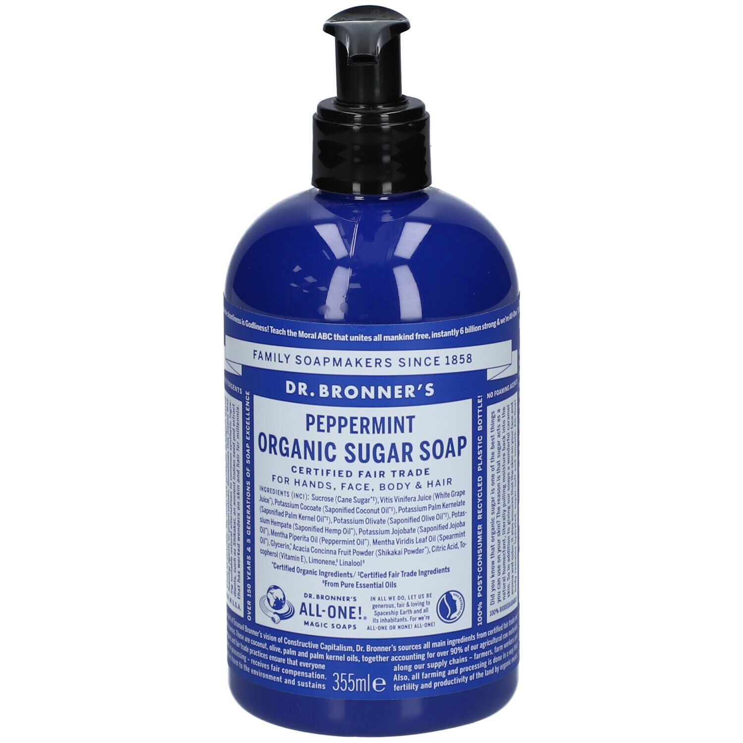 Flacone blu con dosatore. Scritta: Dr. Bronner's Peppermint Organic Sugar Soap. Per mani, viso, corpo e capelli.
