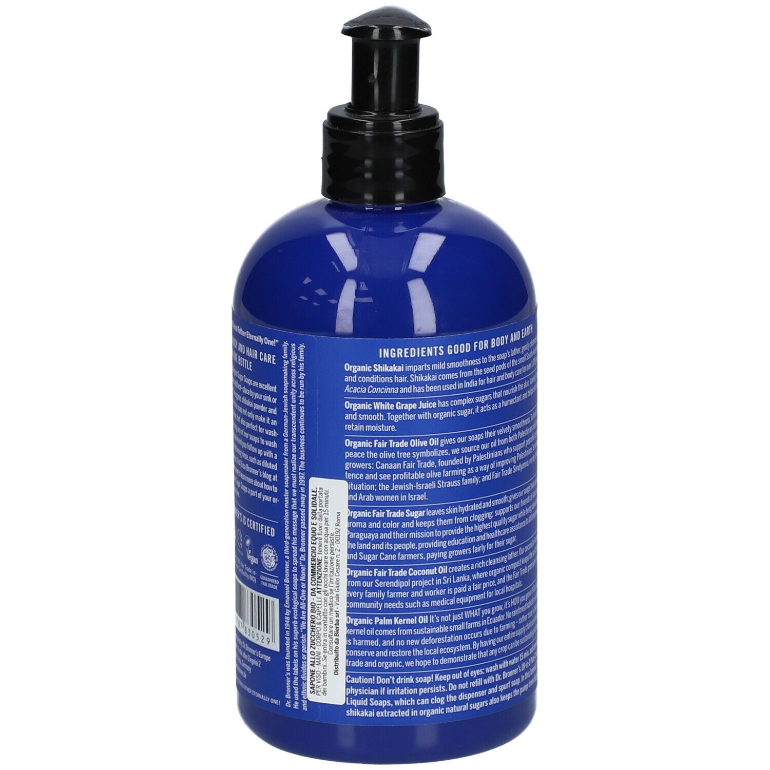 Retro del flacone blu. Testo: Organic Body and Hair Care in One Bottle. Elenco ingredienti e certificazioni.