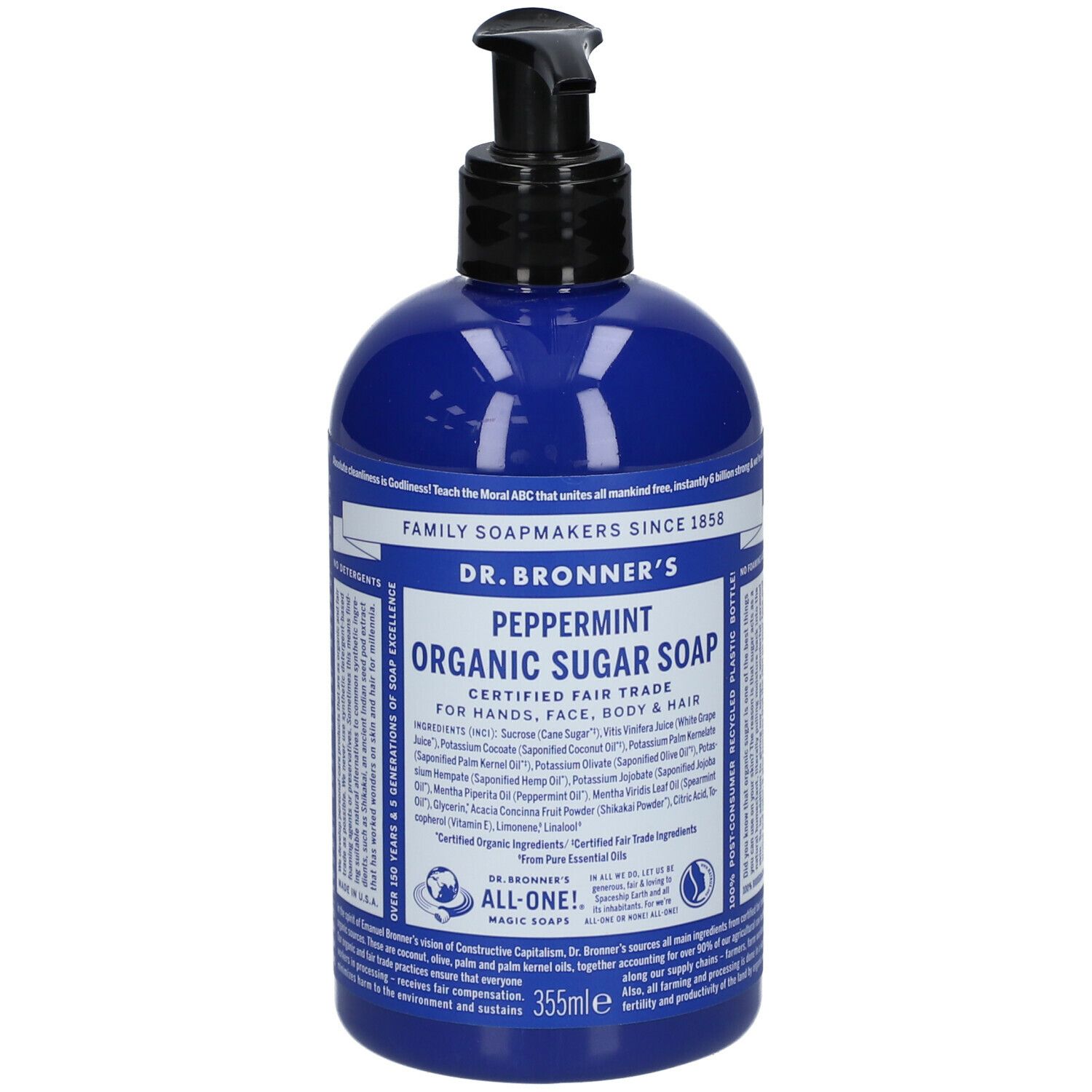Flacone blu con dosatore. Scritta: Dr. Bronner's Peppermint Organic Sugar Soap. Per mani, viso, corpo e capelli.