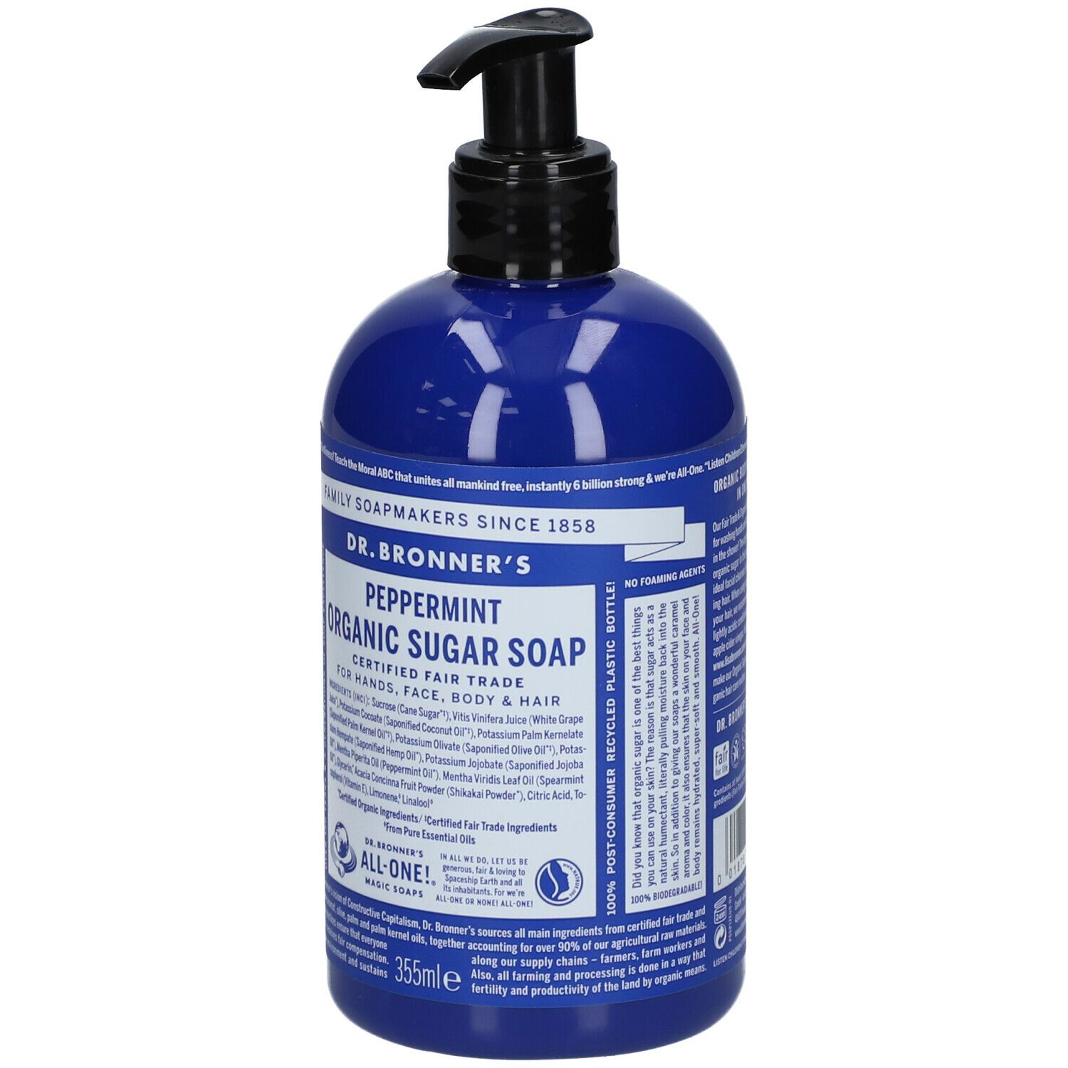 Flacone blu con dosatore. Scritta: Dr. Bronner's Peppermint Organic Sugar Soap. Per mani, viso, corpo e capelli.