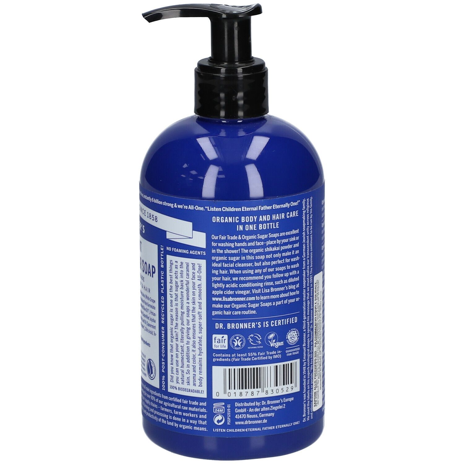Retro del flacone blu. Testo: Organic Body and Hair Care in One Bottle. Elenco ingredienti e certificazioni.
