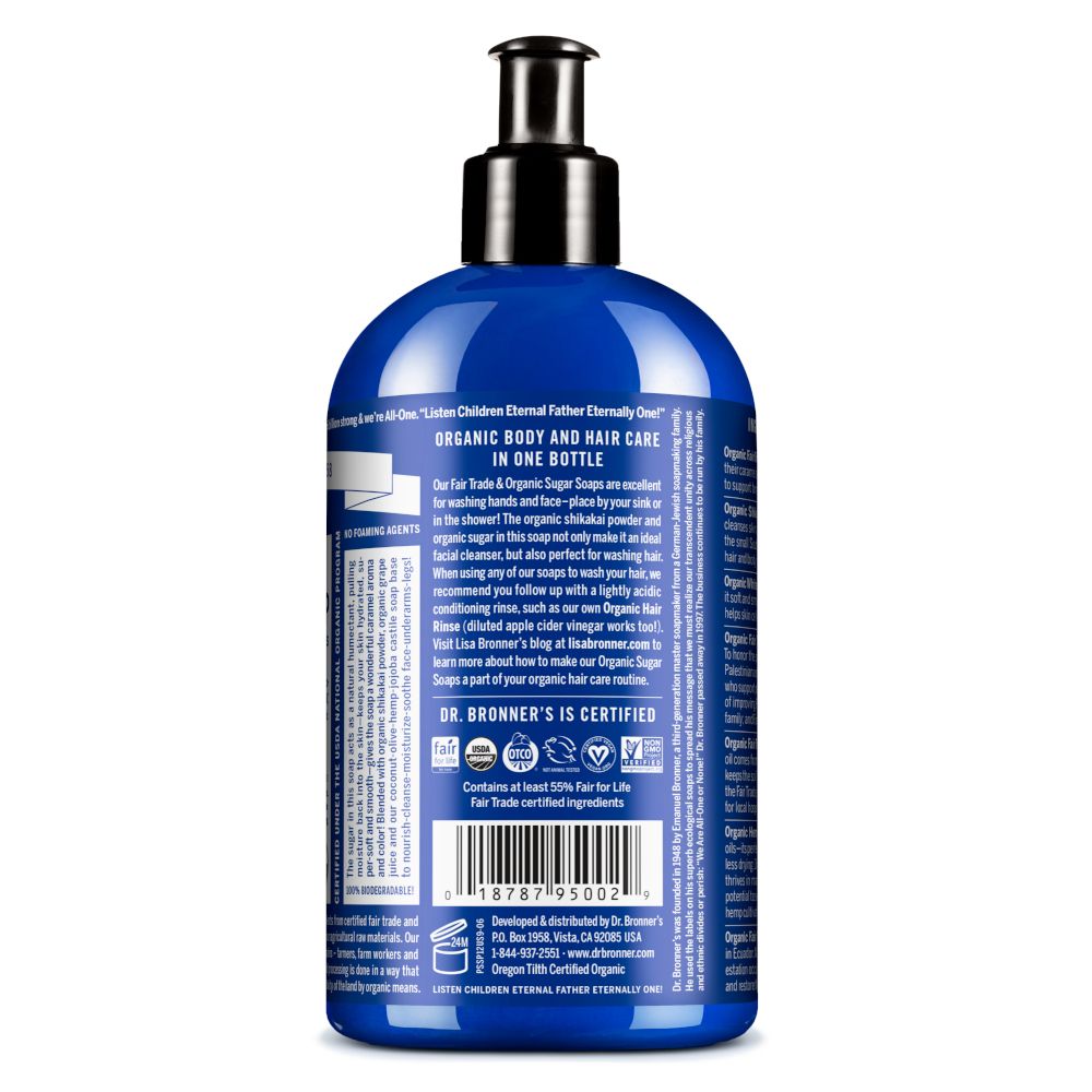 Retro del flacone blu. Testo: Organic Body and Hair Care in One Bottle. Elenco ingredienti e certificazioni.