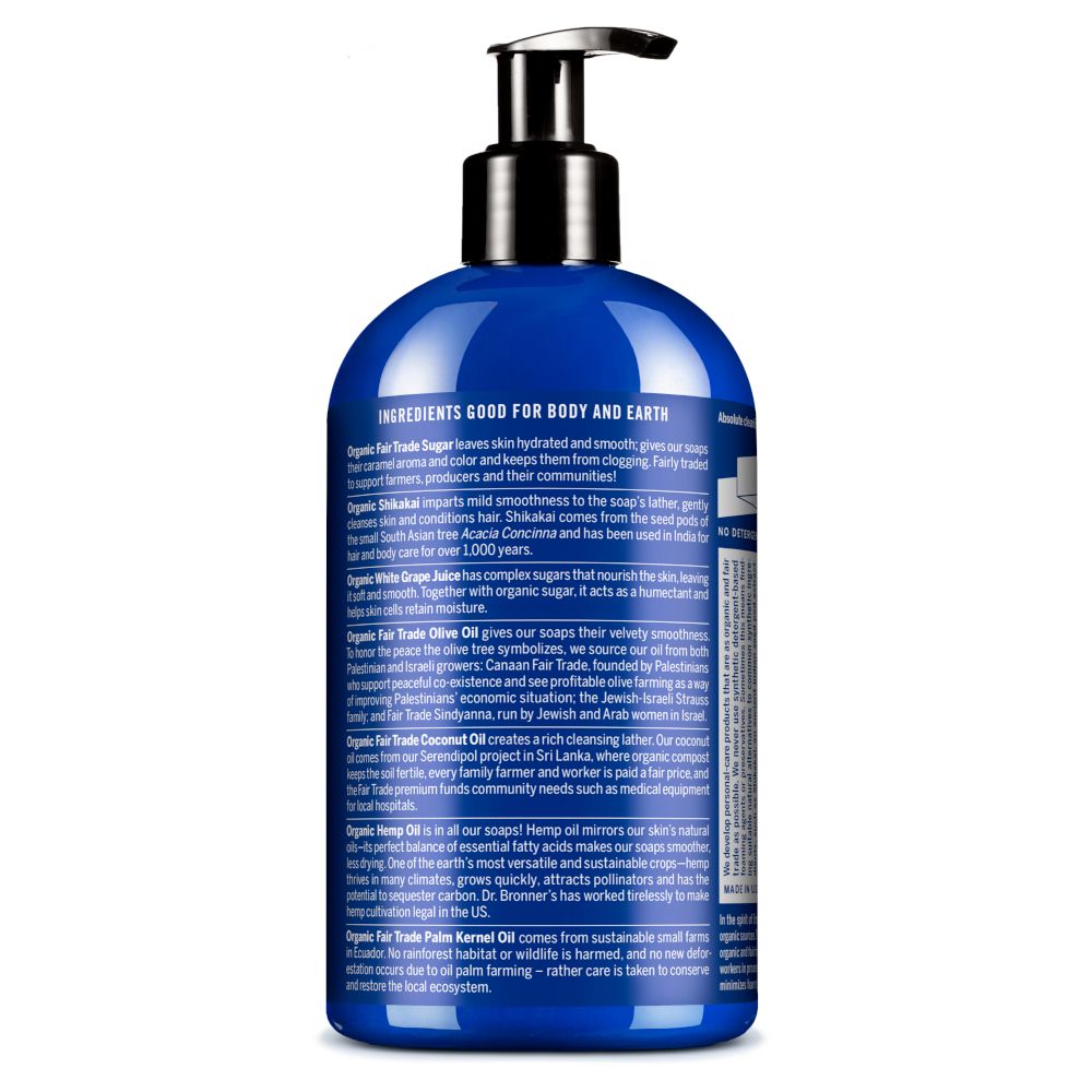 Retro del flacone blu. Testo: Ingredients Good for Body and Earth. Elenco ingredienti e loro origine.
