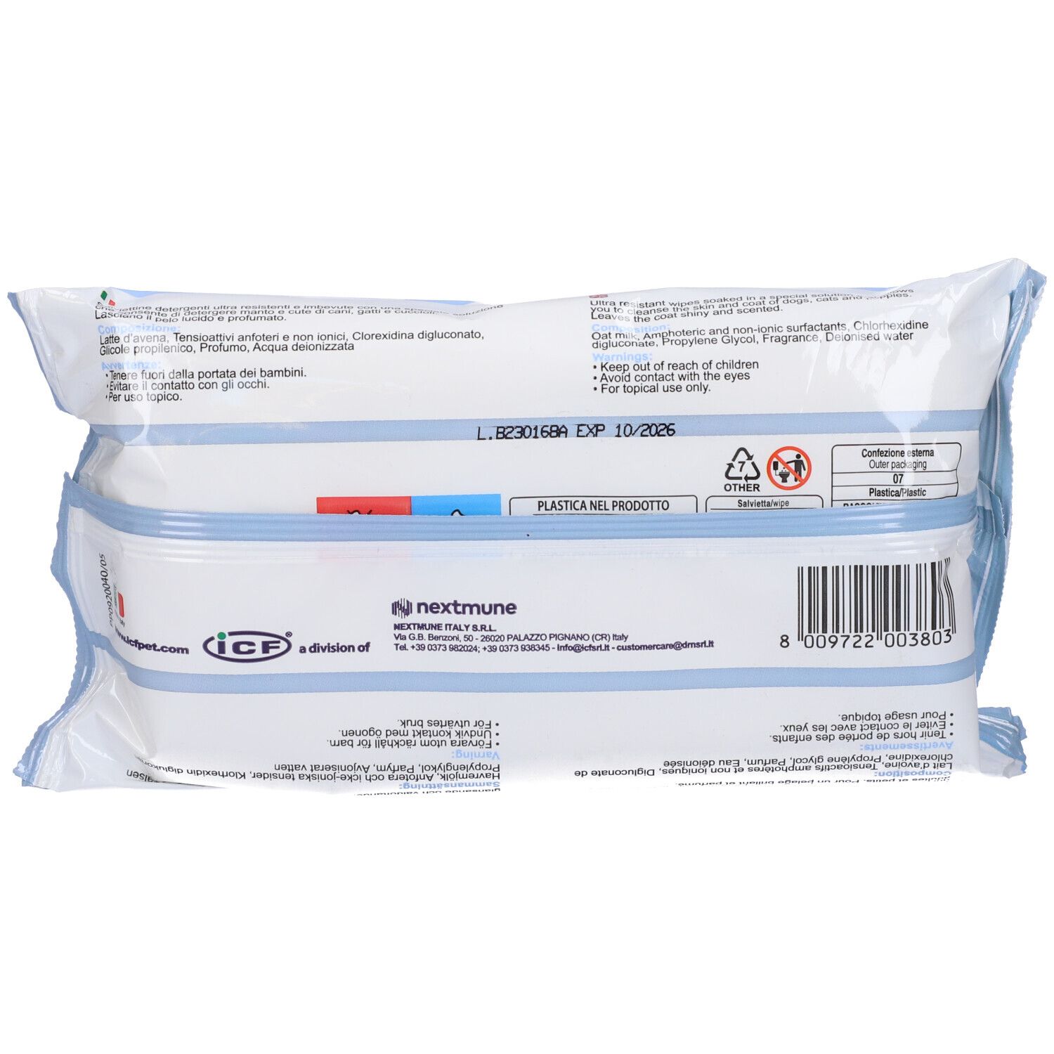 Retro della confezione Leniderm Wipes. Testo con ingredienti, avvertenze e informazioni del produttore. Data di scadenza.