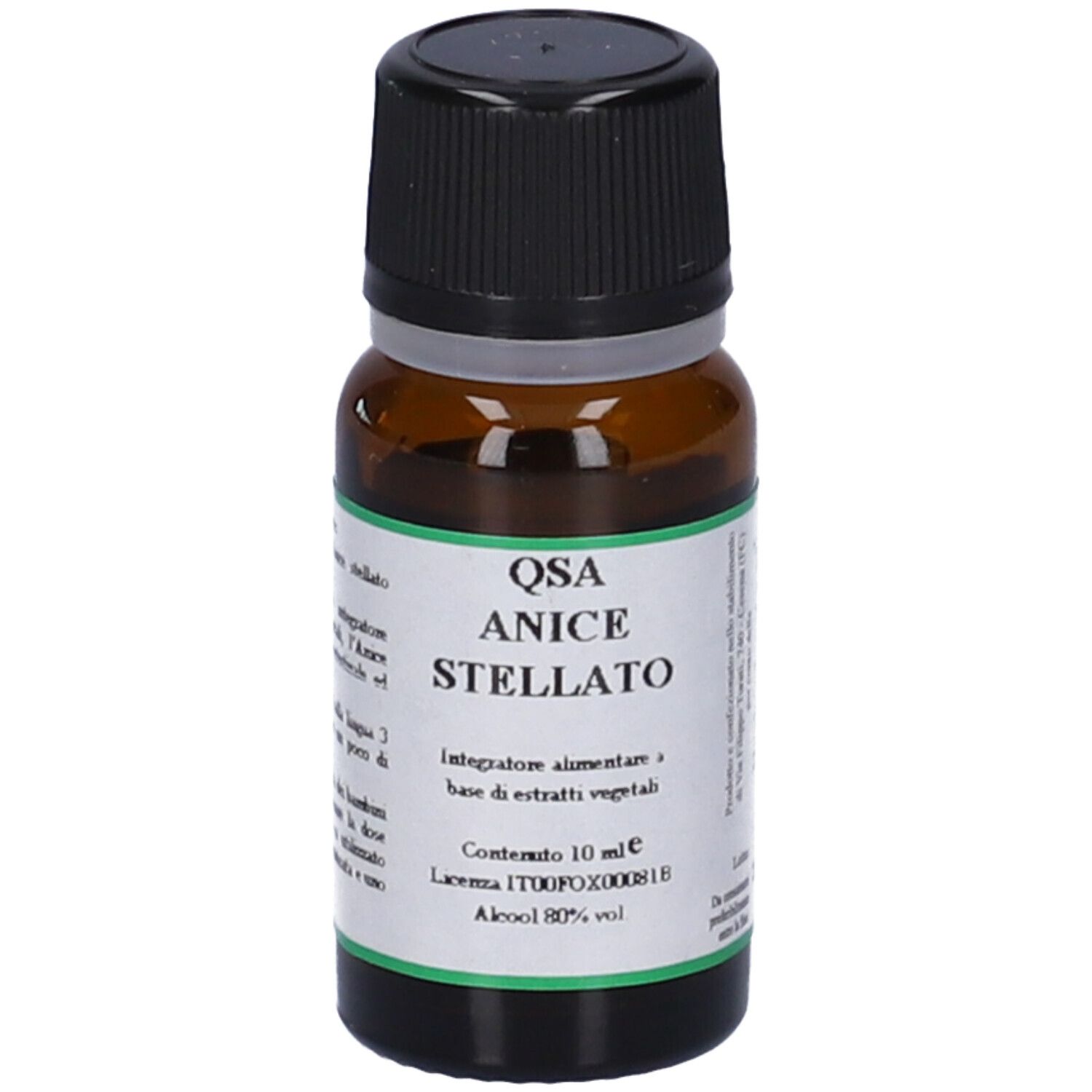 Flacone di vetro marrone con tappo nero. Etichetta con testo: QSA Anice Stellato, contenuto 10 ml, alcool 80% vol.