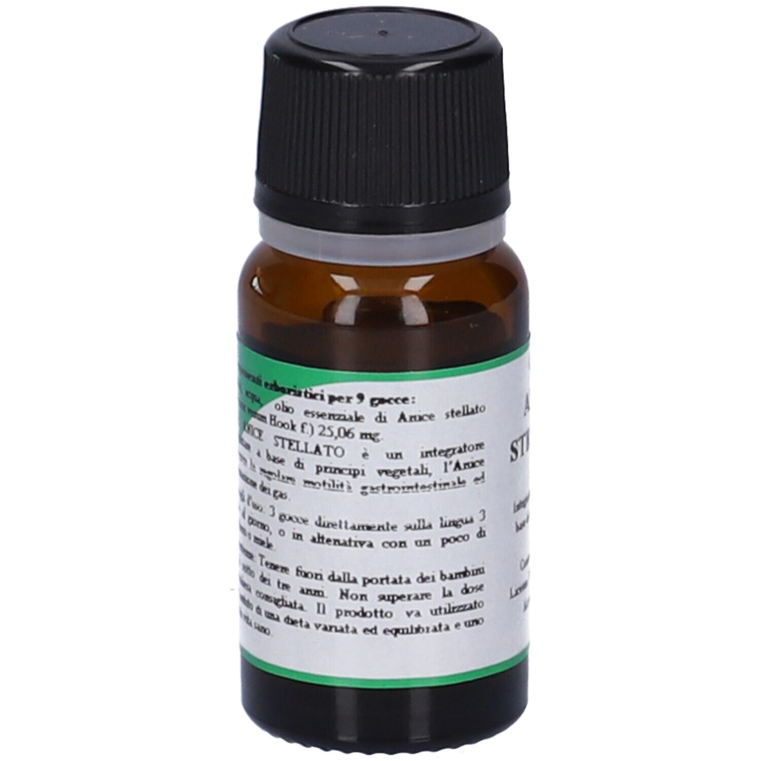Flacone di vetro marrone con tappo nero. Etichetta con testo: QSA Anice Stellato, ingredienti, consigli per l'uso.
