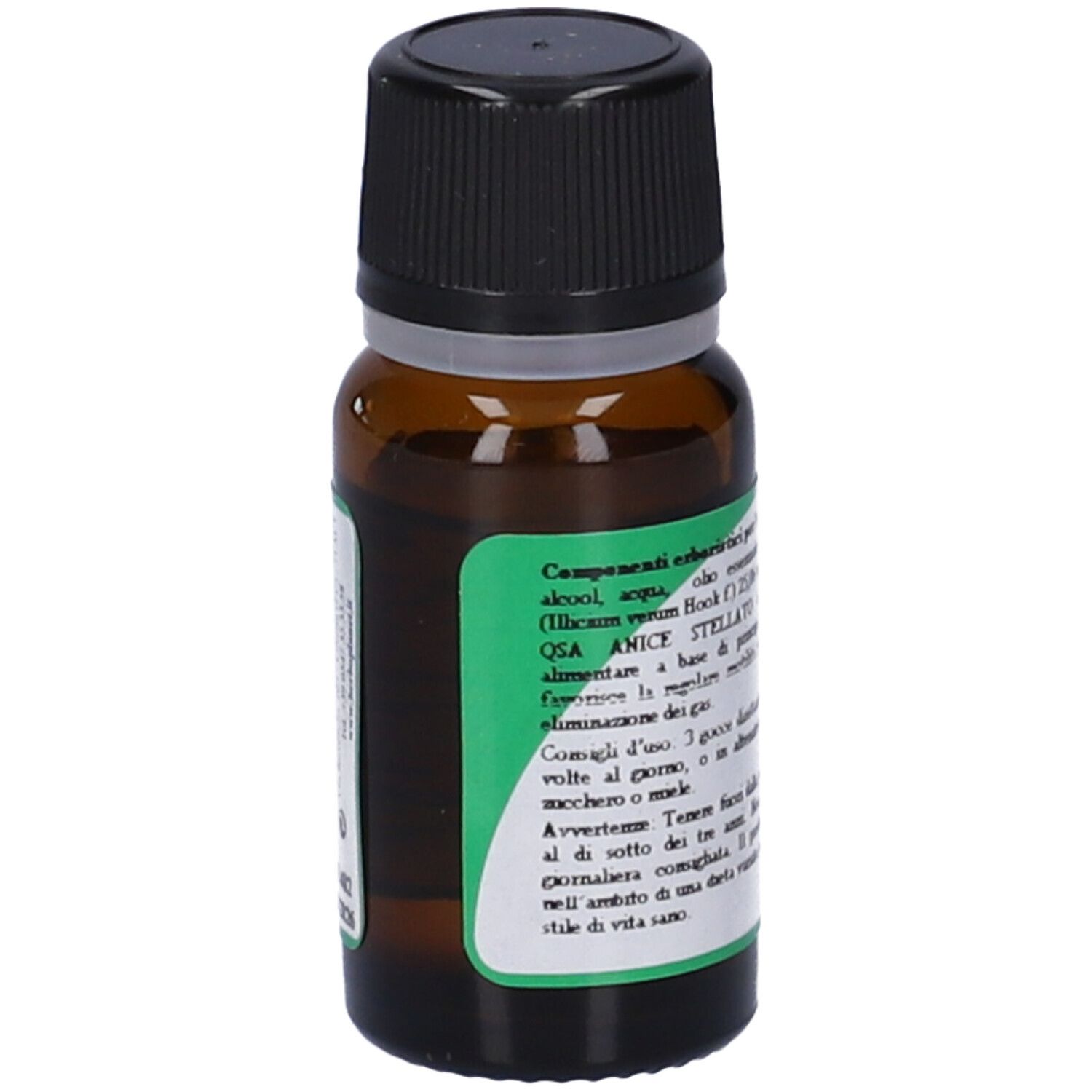 Flacone di vetro marrone con tappo nero. Etichetta con testo: QSA Anice Stellato, ingredienti, consigli per l'uso.