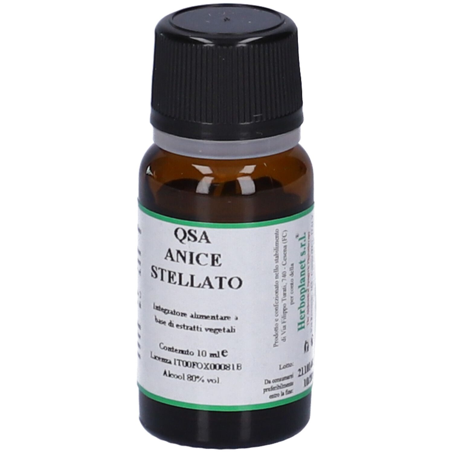 Flacone di vetro marrone con tappo nero. Etichetta con testo: QSA Anice Stellato, contenuto 10 ml, alcool 80% vol.
