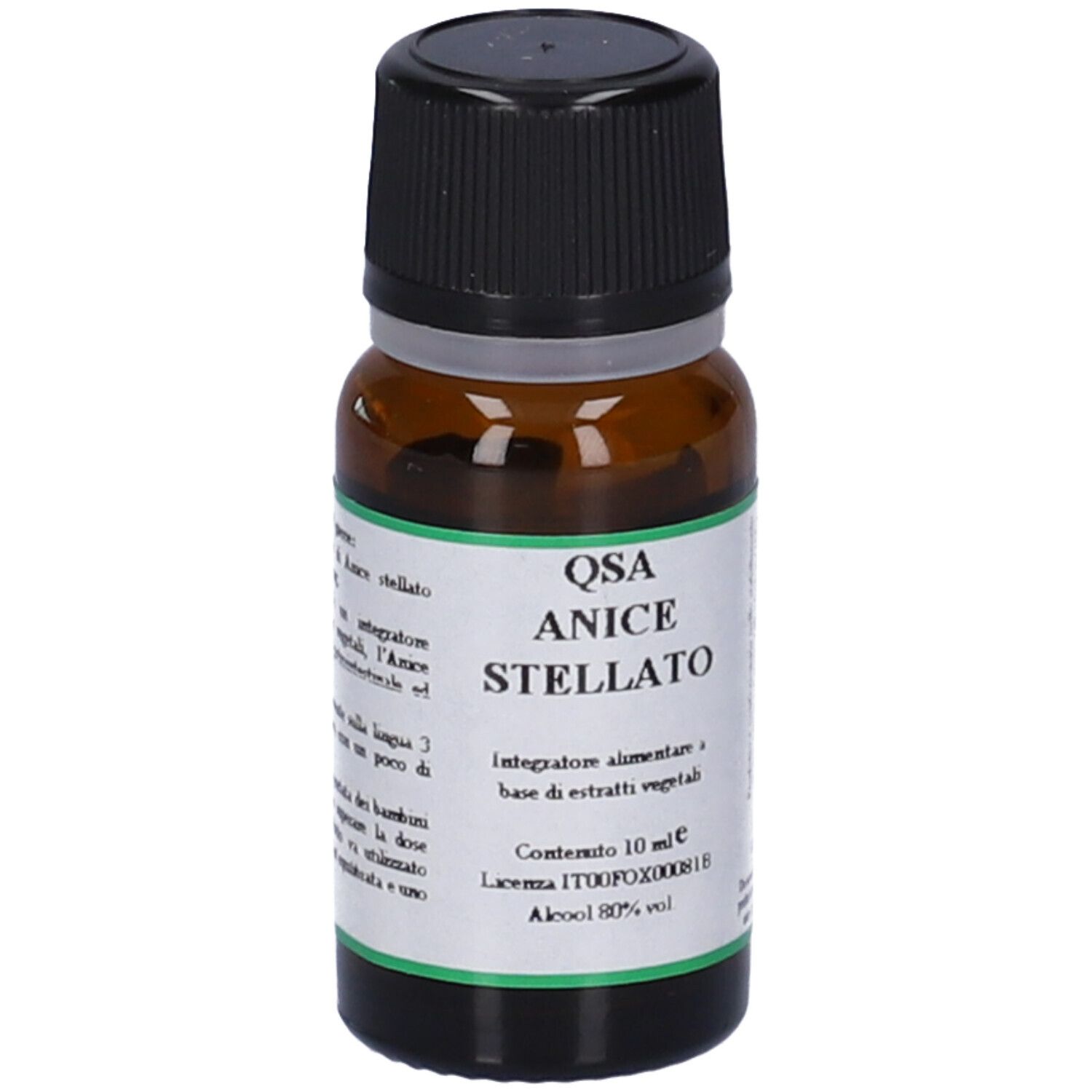 Flacone di vetro marrone con tappo nero. Etichetta con testo: QSA Anice Stellato, contenuto 10 ml, alcool 80% vol.