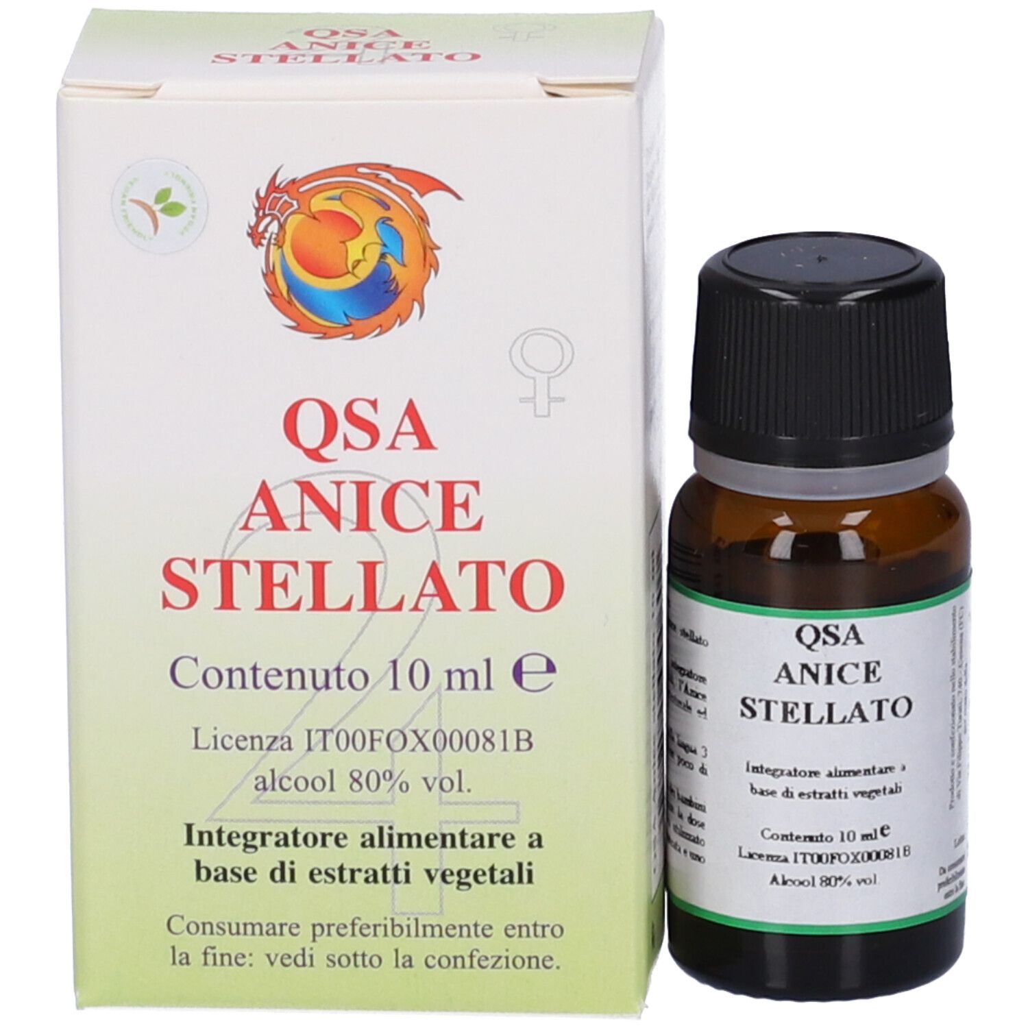Confezione e flacone. Confezione con testo: QSA Anice Stellato, contenuto 10 ml, alcool 80% vol. Flacone accanto.