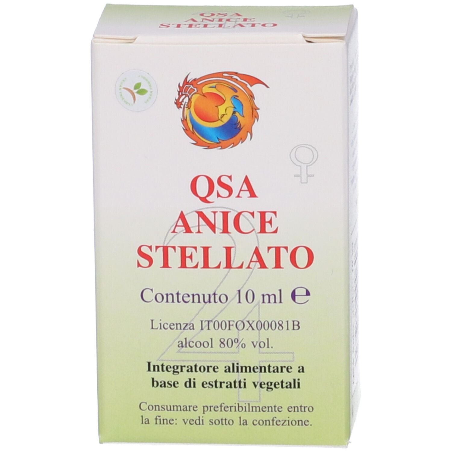 Confezione del prodotto con testo: QSA Anice Stellato, contenuto 10 ml, alcool 80% vol. Immagine di un drago.