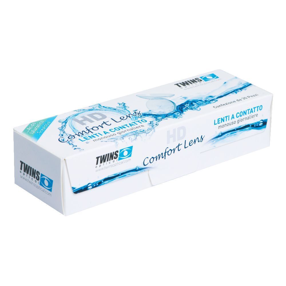 Scatola bianca con scritta blu HD Comfort Lens. Contiene lenti a contatto. Marchio Twins.