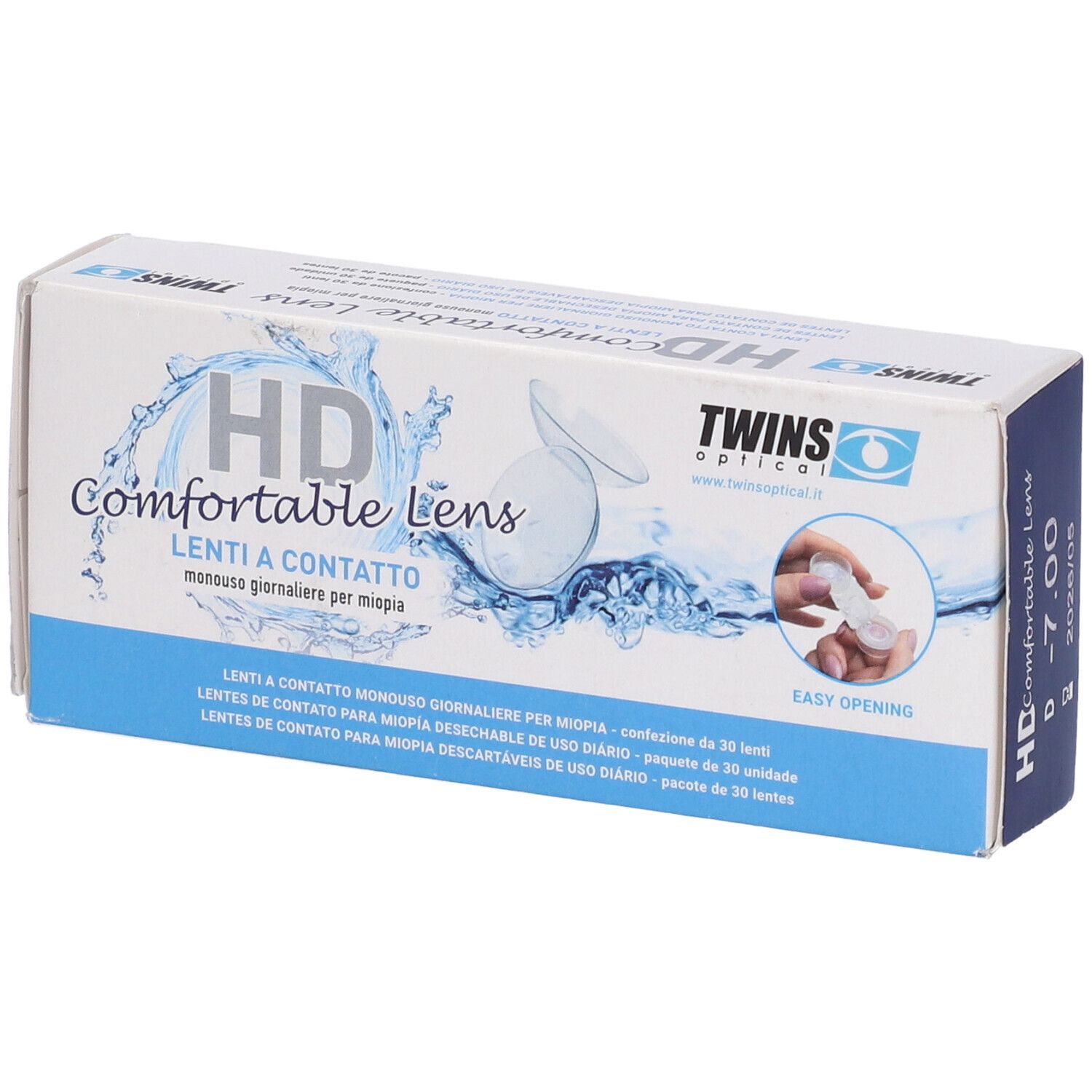 Scatola HD Comfort Lens. Contiene lenti a contatto. Immagine di una mano con lente. Marchio Twins.